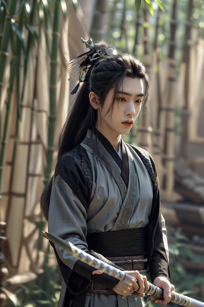 ( best quality ), (Reality: 1),  realistic skin texture,  height detail,   8k wallpaper, masterpiece,  super detailed,  detailed facial features, Volumetric Lighting, Dynamic Lighting, bust, 1 man, man, bamboo forest,  long gray hair , Ponytail,  green headdress , Holding a long sword, Bamboo leaves falling , hazy smoke , Black Hanfu, Holding a long sword,  movie lighting, Dynamic perspective,