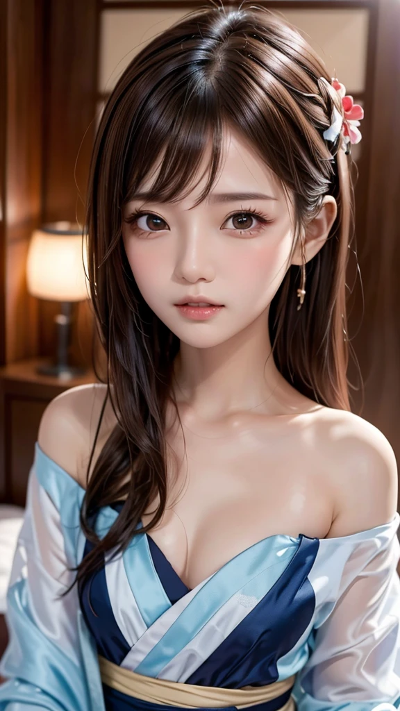 ( very pretty and cute girl ), (  very cute face with both knees on the floor:1.2),　, , (big,  charming, Clear, Sparkling Crystal Eyes ), Looks great,  beautiful detailed eyes,  double eyelid , (smile), ( small breasts), ( Realistic Pictures :1.2),   long straight hair , Beautiful Bangs,  Slim Body , slender, Erect nipples,  shiny metallic blue one-piece swimsuit ,  Sexy Slingshot Swimsuit, ((  random sexy pose、put in、Deep joy, Drunk Eyes:1.2)),