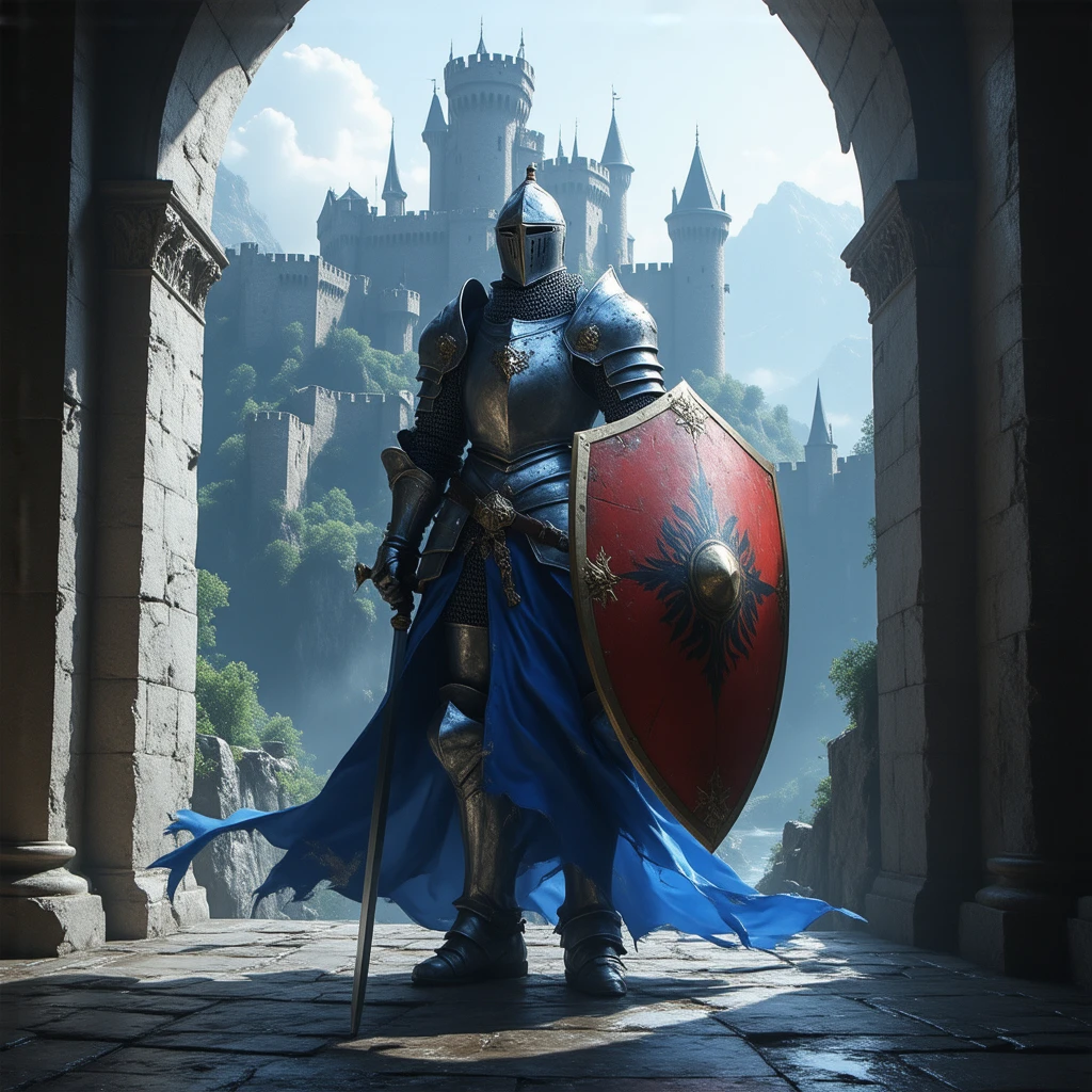  beautiful castle background 、Daytime、Get some sunlight、 a knight wearing bright blue armor、The armor design is excellent 、 beautiful castle background 、 big red shield 、 full face helmet 、Very cool 、 RAW photos 、 Realistic Textures、Highly detailed images