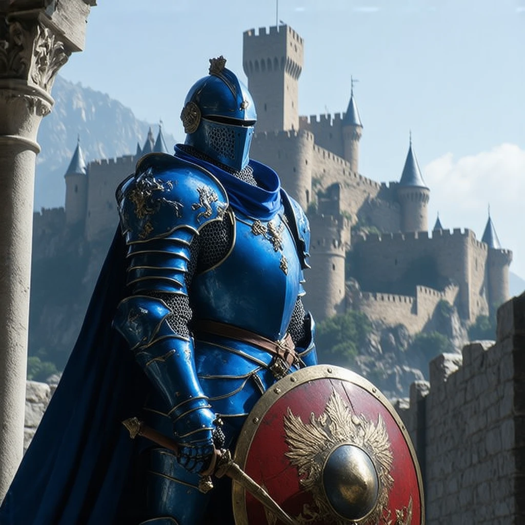  beautiful castle background 、Daytime、Get some sunlight、 a knight wearing bright blue armor、The armor design is excellent 、 beautiful castle background 、 big red shield 、 full face helmet 、Very cool 、 RAW photos 、 Realistic Textures、Highly detailed images