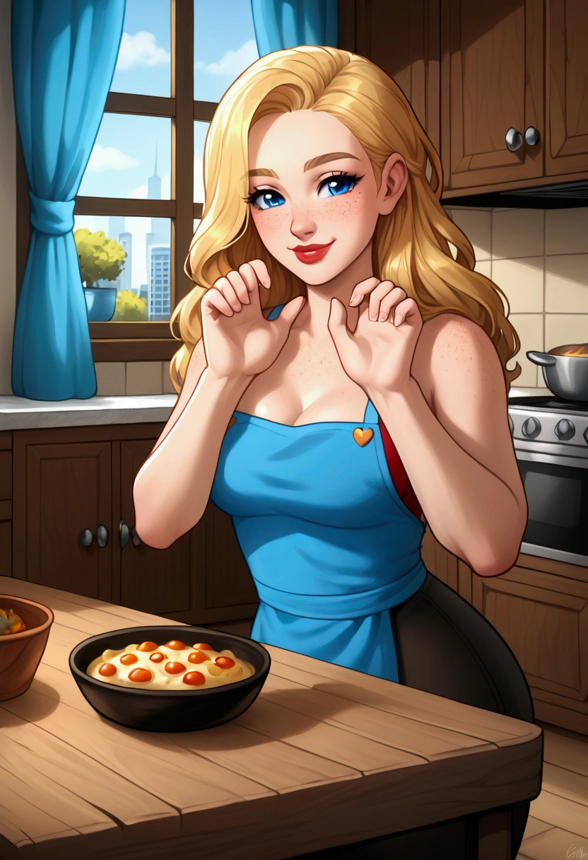 masterpiece, best quality, amazing quality, very aesthetic, ultra-detailed, illustration, 1 girl, beautiful, cute face, small cute nose, big red lips, freckles, gorgeous ice blue eyes, beautiful long blonde hair, housewife, slim waist, wide hips, huge butt, thick thighs, cozy kitchen, cooking, wooden table, chairs, window, curtains, city background, gentle smirk, gentle, calm, happy, happy marriage, cute pose, romantic, flirty