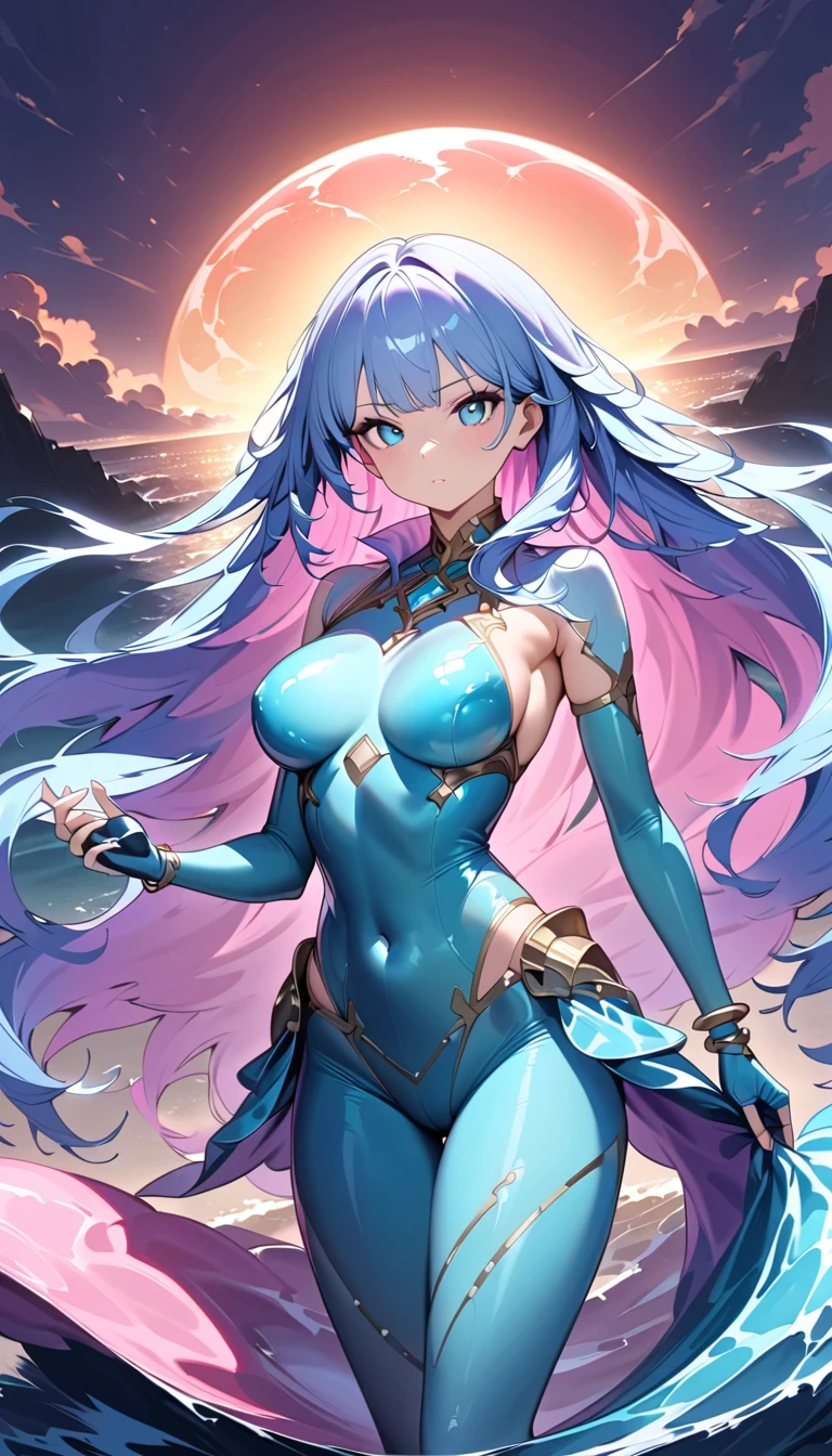 A stunning female warrior with a mesmerizing hourglass figure, embodying the essence of water. She has long, flowing silvery-blue hair cascading like a waterfall and piercing turquoise eyes that glimmer like ocean waves. Her radiant skin has a subtle glow, as if reflecting sunlight on water.

She wears a sleek, form-fitting battle suit designed to resemble shimmering scales in shades of aquamarine, accentuating her curves and giving her an elegant yet powerful appearance. The outfit includes thigh-high silver boots, fingerless gloves adorned with pearls, and a transparent cape flowing like sea foam.

Her weapon, a long spear with a wave-shaped blade, rests confidently in her hand, its design echoing the fluidity of her movements. Around her neck is a pendant shaped like a water droplet, and her wrists are adorned with intricate bracelets depicting marine motifs.

The scene is set at the edge of a stormy ocean during a dramatic sunset. The crashing waves and flying water droplets surround her, while the golden-red light from the setting sun reflects off the turbulent water and her shimmering outfit, creating a cinematic and powerful visual.

Tags: Best quality, Ultra-high resolution, 8k, Stunning figure, Sleek battle outfit, Water-themed design, Flowing hair, Turquoise eyes, Spear weapon, Stormy ocean, Sunset lighting, Cinematic composition, Powerful pose, Dynamic action, Aquatic elegance.
