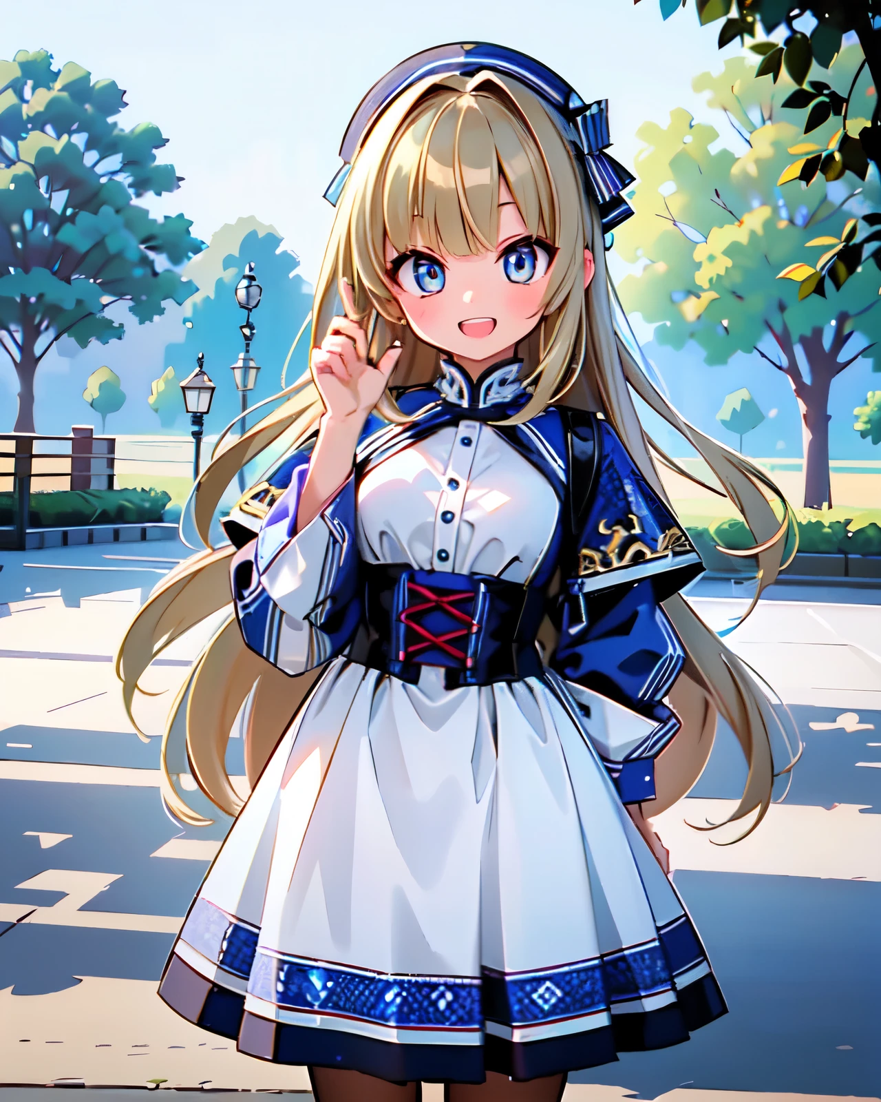 throw,8k,CG,((  masterpiece on penis ,  top quality,  high definition )),((( top quality))),(( Ultra Details)), beautiful detailed eyes, detailed,CG,
cosmetics, cowboy shot, white and green theme ,Outdoor,Park,tree,
 1 girl ,smile,teeth,tooth, blue eyes,Blonde, blonde hair , Long Hair Short Hair,  dress