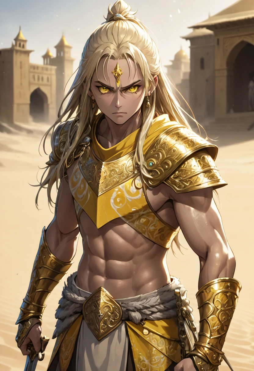 anime, ( masterpiece,  better quality ,  ultra detailed ,  best shadow), ( detailed background , fancy oscura), ( human face and head detailed), (medieval) ( yellow and bronze sword ), (( hard and shattered abs )), One Boy, a man,  better quality ,  cinematic lighting , dark, un antiguo guerrero Slavic, diffuse lighting, fancy, intricate,  very detailed , rostro  very detailed , realistic, fotorrealistic, digital painting, Art station,  illustration, arte conceptual, soft and sharp focus, Alone, Gloves,  long hair , belly button,  blonde and brown hair ,  desert sand Palace ,  hair between the eyes, Gloves blancos,  looking at the spectator, Gloves sin dedos, Hold on to , shoulders, big belt, Elbows,  yellow eyes , hull,  armor on the abdomen , bronze armor,  separated earth-colored lips , pants, sweat,  yellow eyes , Vendas, guerrero Slavic,  sand particles ,  better quality , humano blanco Slavic,  cinematic lighting , golden ornaments, chains, earrings, desert background, focused, Light, muscular,  old warrior ,  Perfect Traits,  battle ready , arena, skinny, standing, strong,  warrior posture ,  yellow eyes , completo cuerpo muscular,  without body hair or scars , fine hands,  by Tim Burton Films . (( bare abs ,  hard and marked )), happy, liar, Slavic. skinny (medieval) ( yellow and bronze sword  agarrada con las dos manos)