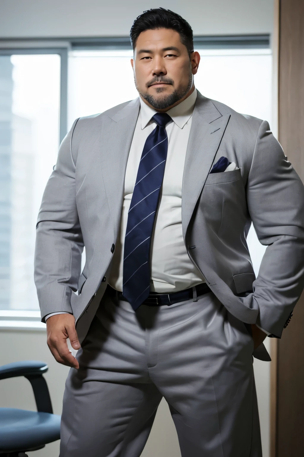 (upper body:1.5),Japanese male, solo, Fat muscler Japanese man in a white suit, whole body,(look at viewer:1.2), (Detailed eyes),in the office, Thick legs, shy expression,Thick arms, Very short grey hair, Very short grey goatee, Grey jacket, Grey trousers, Long trousers, Tight suspension, light purple tie, tight shirt, Huge nice bulge, Shirt tucked into pants, A very good rugby player, 60 years old, Grey jacket and trousers, fatty muscler body, Good rugby player, big bluge, grey hair,realistic