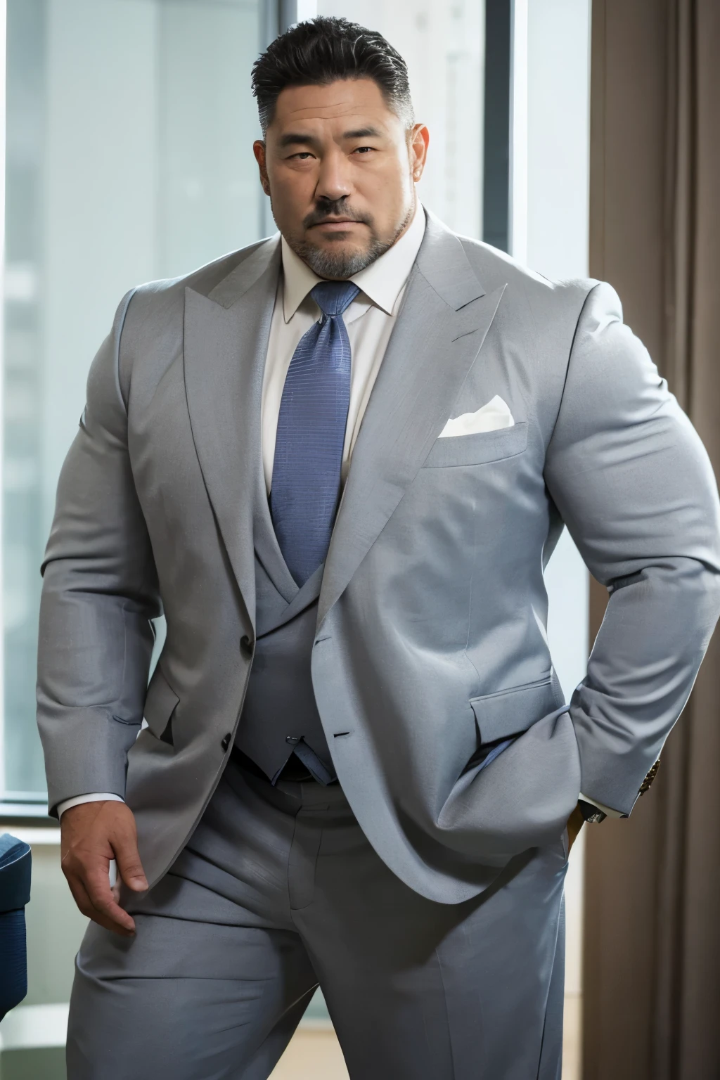 (upper body:1.5),Japanese male, solo, Fat muscler Japanese man in a white suit, whole body,(look at viewer:1.2), (Detailed eyes),in the office, Thick legs, shy expression,Thick arms, Very short grey hair, Very short grey goatee, Grey jacket, Grey trousers, Long trousers, Tight suspension, light purple tie, tight shirt, Huge nice bulge, Shirt tucked into pants, A very good rugby player, 60 years old, Grey jacket and trousers, fatty muscler body, Good rugby player, big bluge, grey hair,realistic