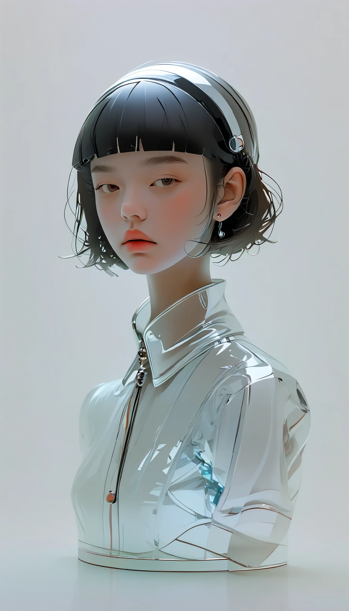 graphic design ,Spatial Sense,blank, 1 color glass clear 3D portrait sculpture ,Rough surface finish , facial luminescence lines ,Simple, minimalism , beautiful Japanese girl , short bob 、Pants、 black hair 、 soft and elegant color , Cyberpunk Suit , futuristic full face helmet、Dark Background、chamfer