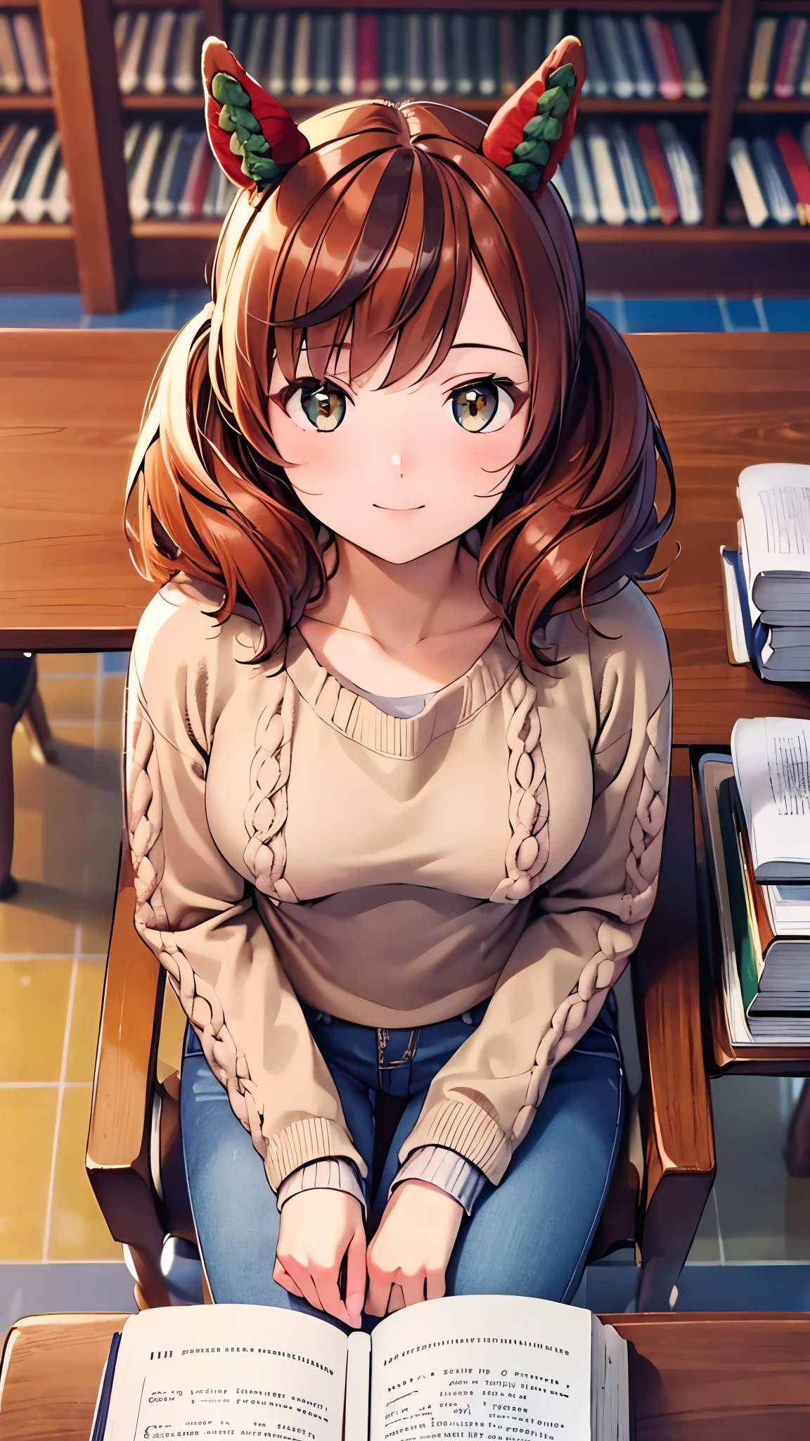 illustration style, masterpiece, high detail, 8k, clean lineart, cinematic, bust up shot, from above, 
Knitted sweater,  
nicenature, horse ears, soft slanted eyes, 

(hair fully hides ears), mature face, medium breasts, 25 years old, looking up, glance at viewer, light smile, 
library, reading a book, sitting on chair
