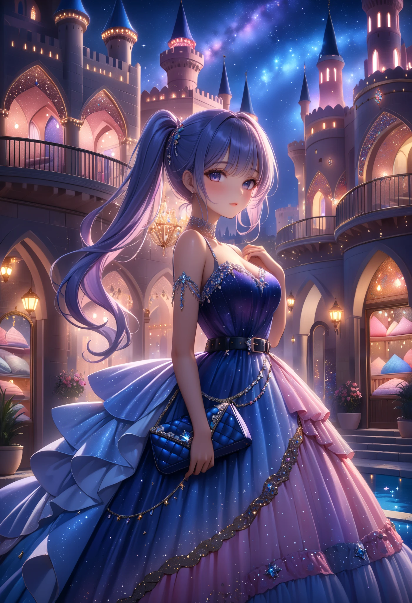  girl ,  Beautiful,  Complex details ,  Complex Dress Textures ,  Beautiful Curvy Hair , a quilt, ponytails,  Light Makeup , decorations,  Purse Belt ,  Silver Crystal Shoes,  stardust , Background Castle,  Which is against the stars , Bright bathhouses , Baghdad, Night, Very Beautiful Colors,  Dramatic Lighting ,  Best quality ,  Complex details ,  masterpiece , 8 k,  maximum details ,