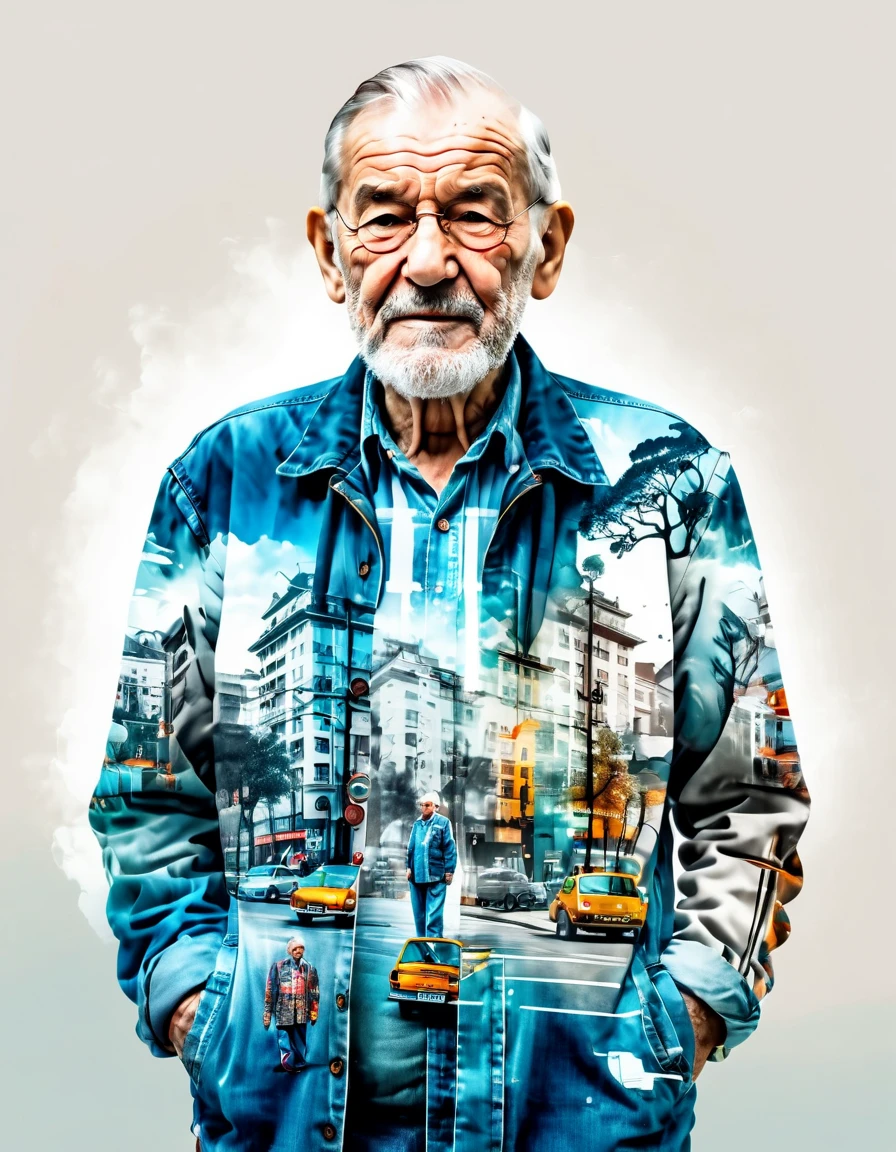 (Double exposure:1.3), effect of an old man, in his 80 years old,wearing casual clothes. On the body, he has double exposure images of some highlights from his career, superimposed. Masterpiece, aesthetic canvas, Highlight the double exposure, masterpiece, intricate details, 