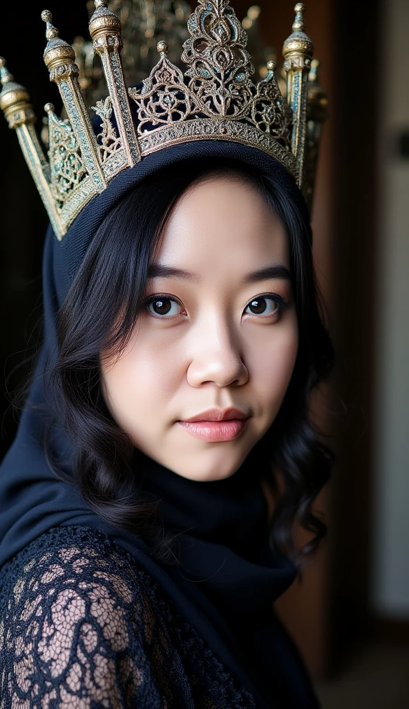 lady, close-up, dark gothic portrait macro photo of a Nordic woman with pale skin and striking blue eyes, wearing an huge ornate headdress designed as a miniature muqarnas temple. The headdress features intricate muqarnas patterns and delicate arches, reminiscent of Islamic architecture. --no mouth --ar 4:3 --style raw --sref 1948 --p --sw 20 --v 6.1