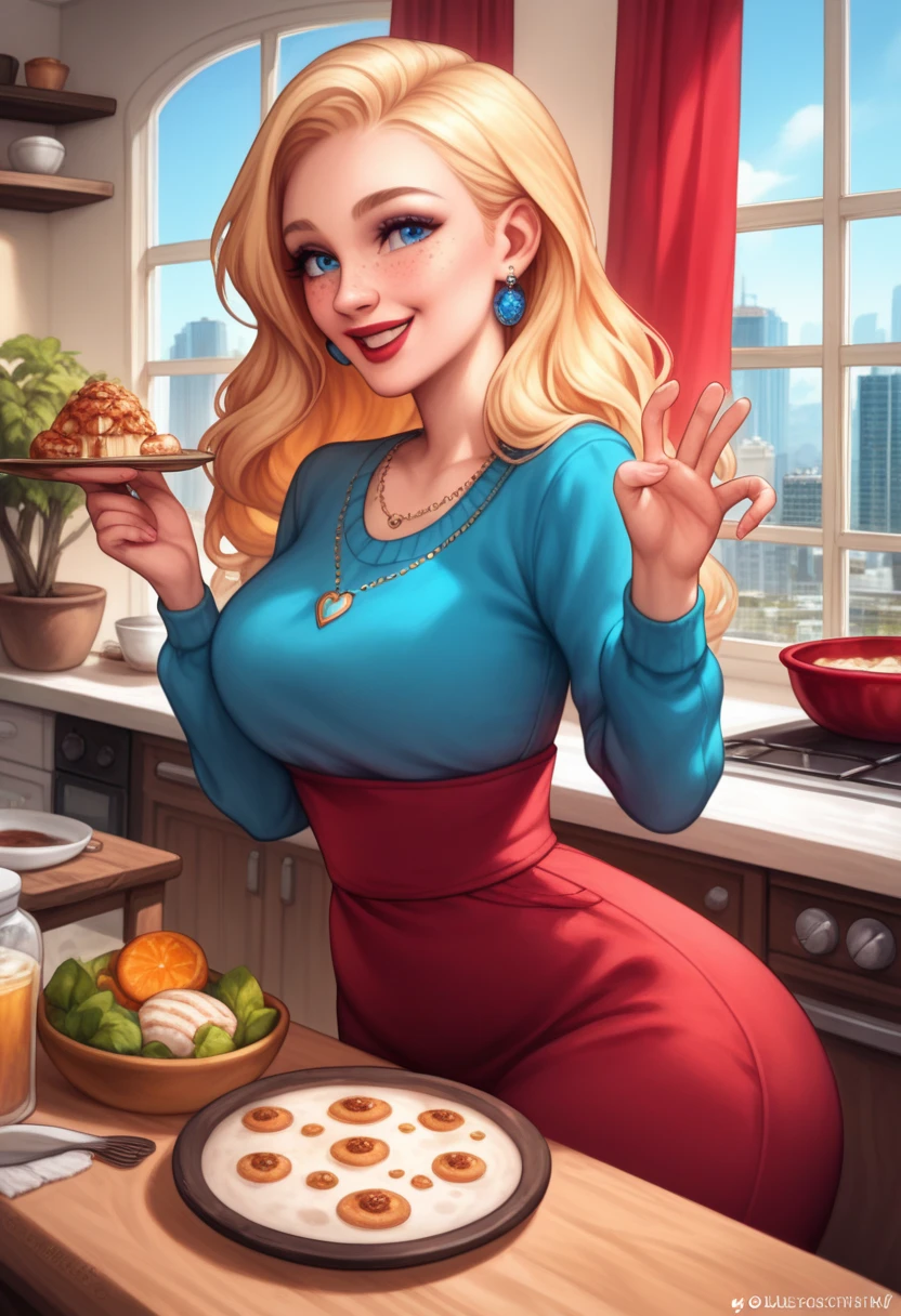 masterpiece, best quality, amazing quality, very aesthetic, high resolution, ultra-detailed, fullbody , 1 girl, beautiful, cute face, small cute nose, big red lips, freckles, gorgeous ice blue eyes, beautiful long blonde hair, housewife, slim waist, wide hips, huge butt, thick thighs, cozy kitchen, cooking, wooden table, chairs, window, curtains, city background, gentle smirk, gentle, calm, happy, happy marriage, cute pose, romantic, flirty