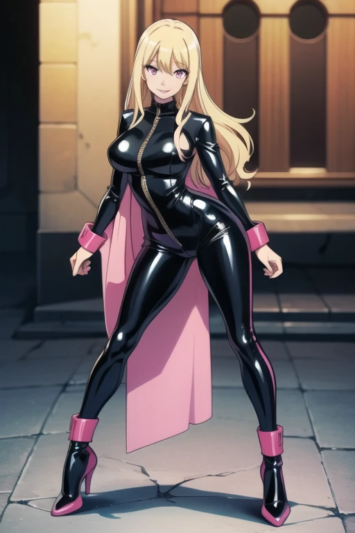 Selene, ftselenecas, long hair, blonde hair, pink eyes, mature female, large breasts, latex full body suit with zipper, smile