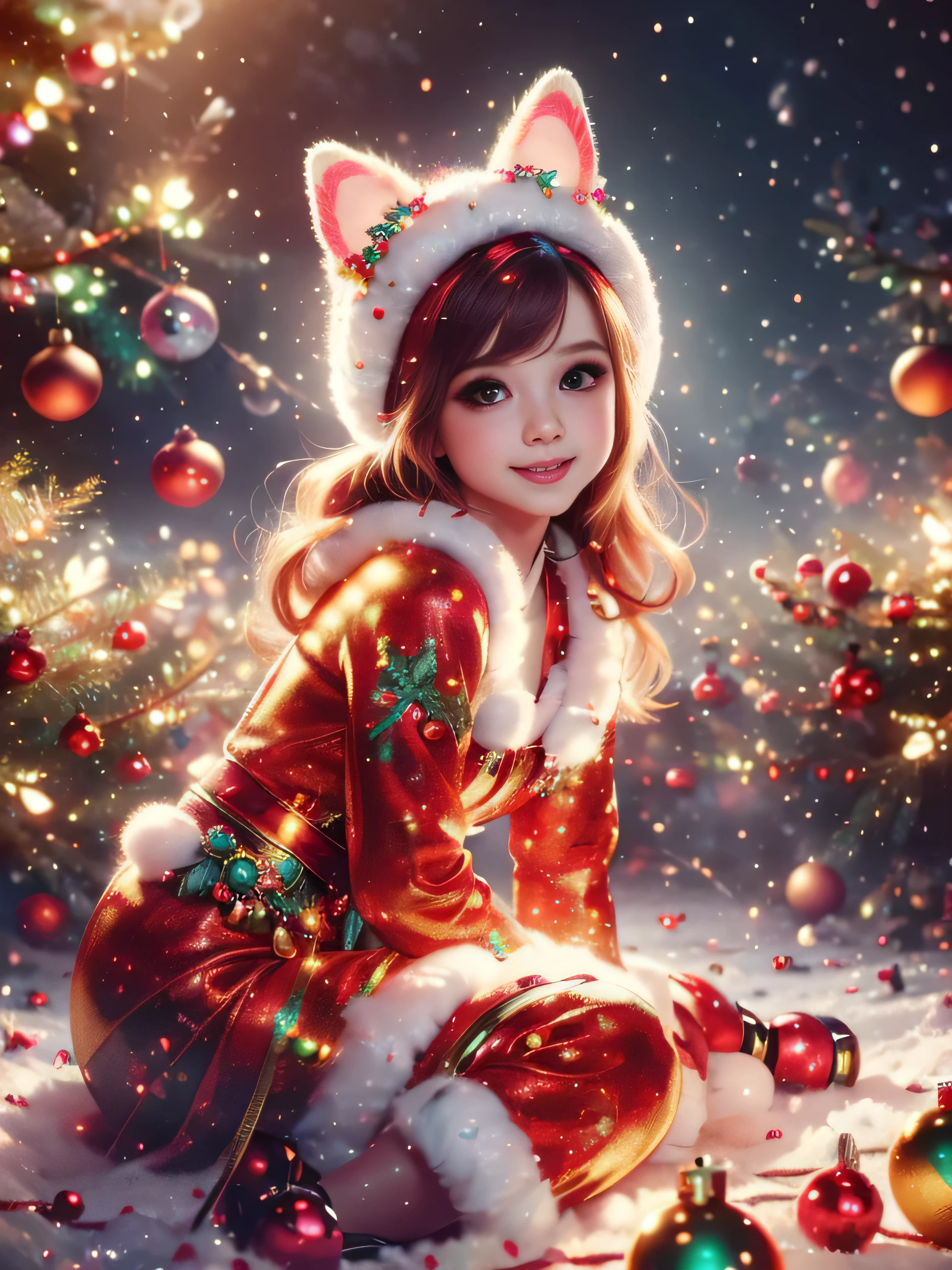 (Best Quality, Super Detail, Masterpiece, Representative Work, Official Art, Professional, Super High Detail, 8k:1.3), (Full Body) Cute girl in fantasy Christmas outfit, face wearing cat ear hat, Beautiful detailed eyes, Beautiful detailed lips, Demonic smile, detailed eyes and face, long eyelashes, Vibrant colors, Red hair, Innocent expressions, Playful features, Intricate Christmas decorations, Glowing garlands, Sparkling ornaments, Natural Lighting, Soft Background, Photorealistic, Shining eyes, Sharp focus, Glowing skin, Cute and mischievous look, Hint of mischief, Dreamy atmosphere, Delicate details, soft volumetric light, (Backlight:1.3), (Cinematic:1.2), Intricate details, (ArtStation:1.3)