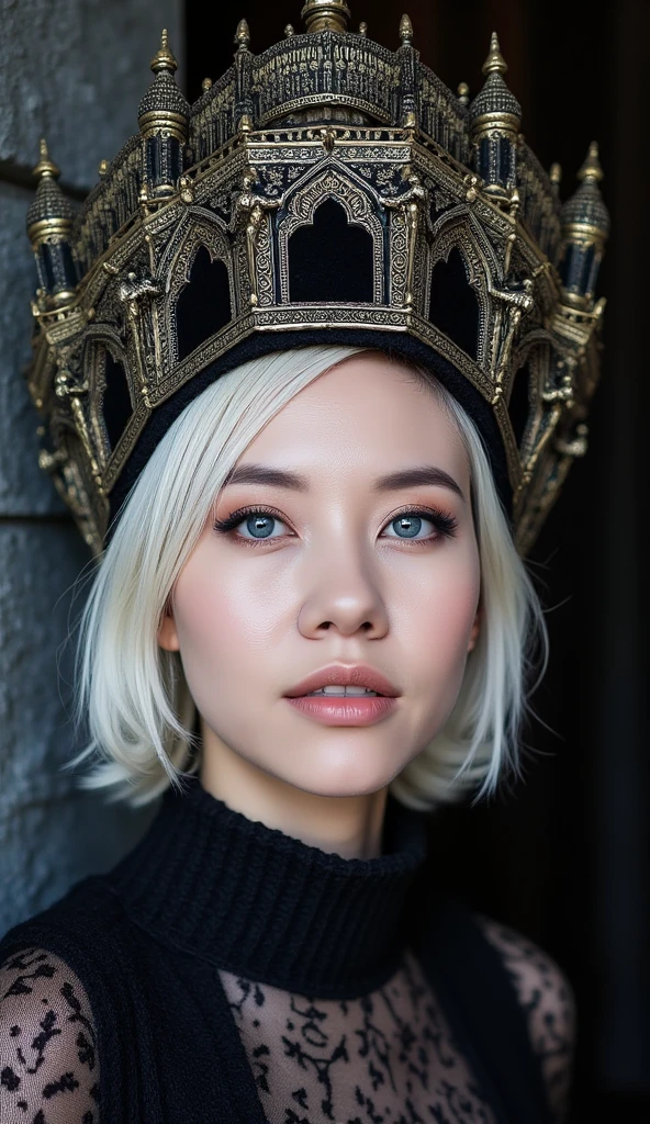 lady, short hair, close-up, dark gothic portrait macro photo of a Nordic woman with pale skin and striking blue eyes, wearing an huge ornate headdress designed as a miniature muqarnas temple. The headdress features intricate muqarnas patterns and delicate arches, reminiscent of Islamic architecture. --no mouth --ar 4:3 --style raw --sref 1948 --p --sw 20 --v 6.1