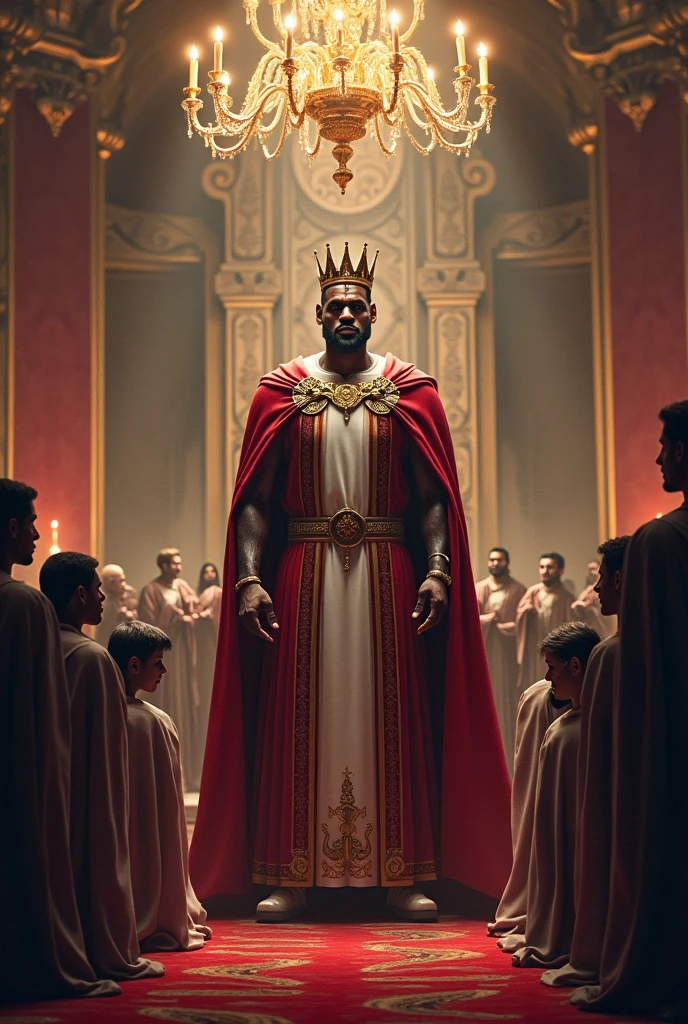 julease ceaser sitting on throne holding a calender of cloth, other people standing near him, ancient rome, high detail illustration, 8k cinematic profile and dark background
