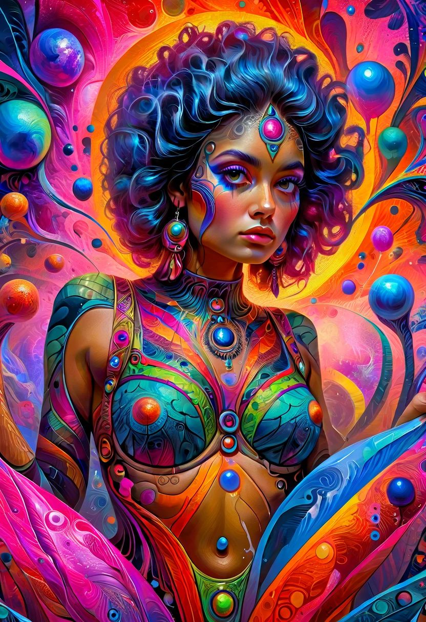 salpicos de cores，Paint splashing，Captivating psychedelic surreal neon amazing universe beautiful gorgeous women in a bright colorful neon light，Mark Reiden、daniel merriam、Bright neon colors in the style of Frank Frazetta and Boris Vallejo, 、photohyperrealistic, trippy,  ornate, beautiful, fine Detail, Intricate detail, Hyper detailed, oil painting, intricate colors,