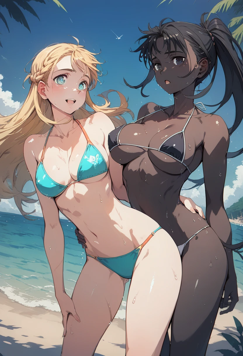 pt, beach ,muscle bikini ,2Girl,Sprinting, wet and shiny skin,Wet and luscious naked,Shiny nudes, vibrant colors,primary color,dark skin color, casual blonde long hair,Bullish expression,High school girl gal,I don't braid my hair, two girls with black skin,Tree Eyes,they both have black skin 