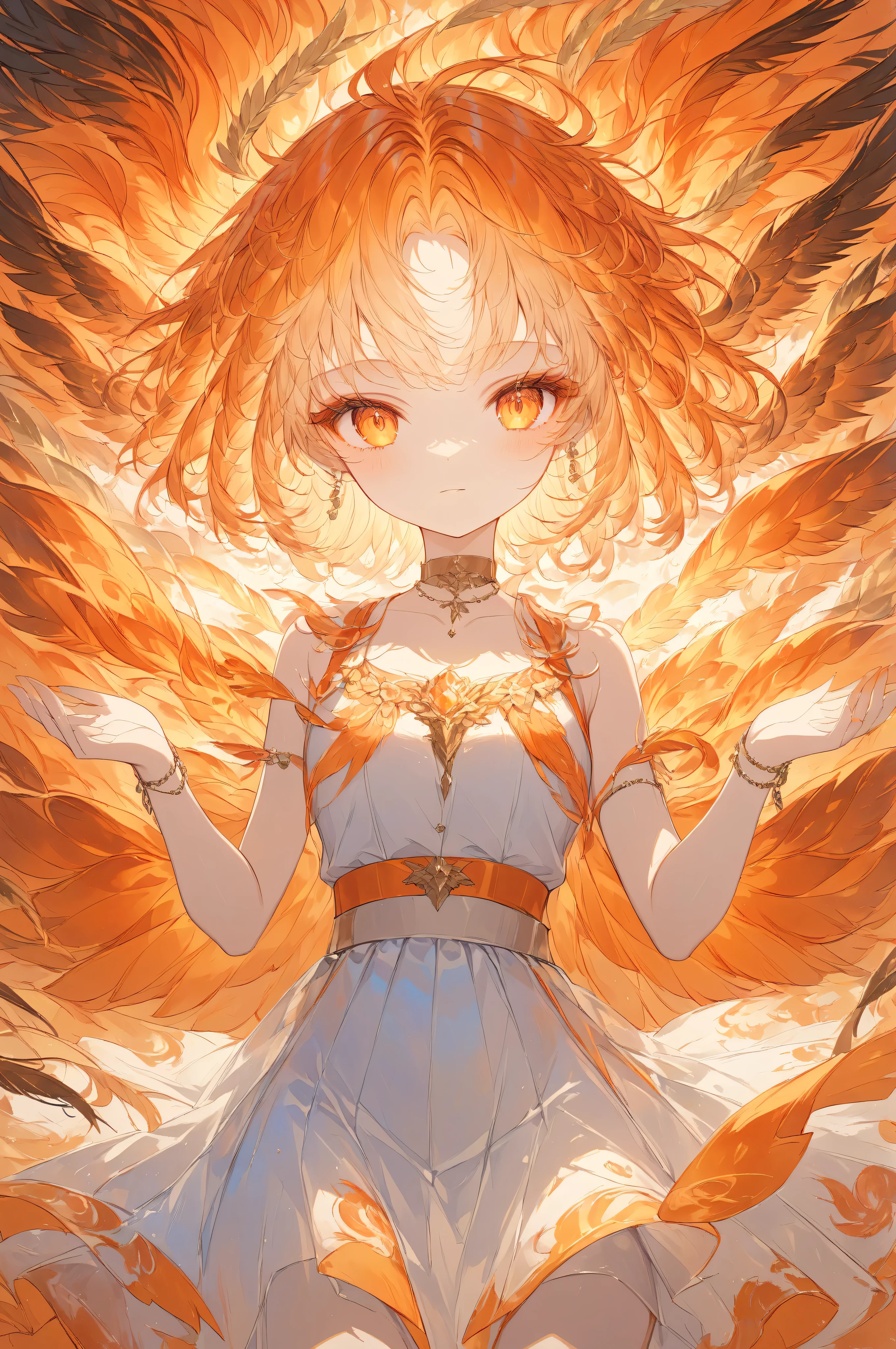 Masterpiece, high quality, high resolution, 16K, highly detailed background, digital painting, unreal engine, hyperrealistic, fantasy, ite girl, A radiant phoenix with golden feathers, beautiful face, beautiful skin, long eyelashes, beautiful eyes, beautiful legs, full body, orange hair, messy hair, red tips, golden eyes, fair skin, flame pattern on hands and arms, tank top and skirt, white and orange based clothing, transparent material, choker, no expression, fire magic, burning flames, burning sunset,