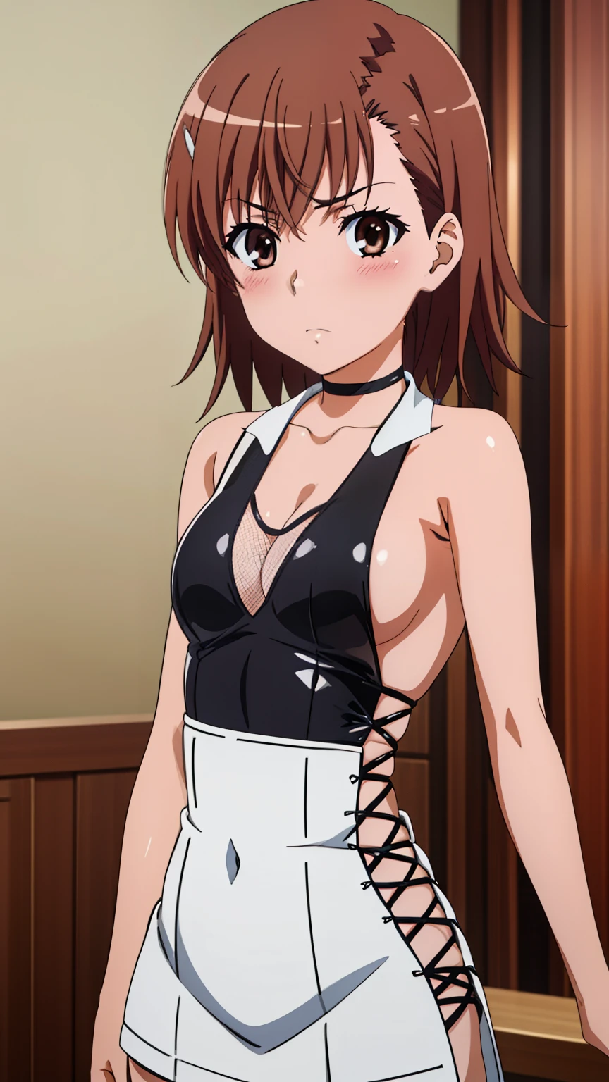 (masterpiece, best quality, high resolution, 8k:1.2), (anime coloring:1.2), highly detailed, beautiful eyes, perfect eyes, fine eyes, brown eyes, featuring big highlights, detailed face, highly detailed, fine eyes, symmetrical eyes, one girl, alone, Misaka Mikoto, brown hair, short hair, hairpin, (small breast), slim body, nffsw, (1girl, black leotard, cross-laced clothes, sideboob, cleavage, bare amrs, choker, blush), looking at the viewer, in the center of the image, (beautiful_chest:1.1), (beautiful_face:1.2), (beautiful_waist:1.2), (cowboy shot), dutch angle,