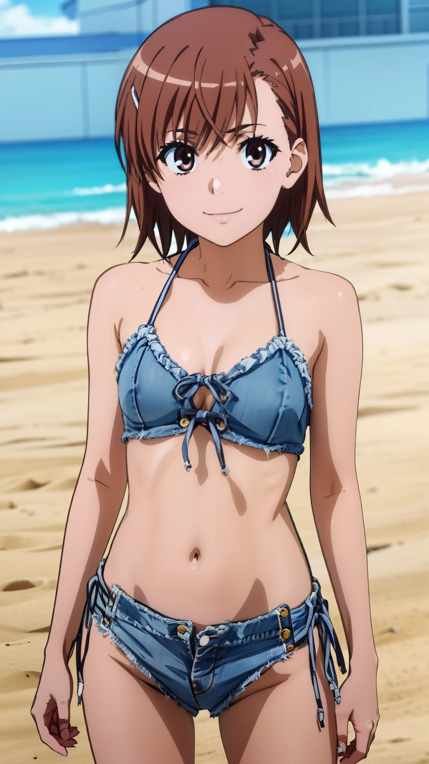 (masterpiece, best quality, high resolution, 8k:1.2), (anime coloring:1.2), highly detailed, beautiful eyes, perfect eyes, fine eyes, brown eyes, featuring big highlights, detailed face, highly detailed, fine eyes, symmetrical eyes, one girl, alone, Misaka Mikoto, brown hair, short hair, hairpin, (small breast), (short:1.4), slim body, nffsw, (denim bikini, beach, smile), looking at the viewer, in the center of the image, (beautiful_chest:1.1), (beautiful_face:1.2), (beautiful_waist:1.2), (cowboy shot), dutch angle,