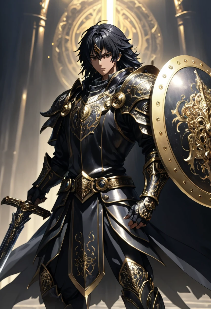 anime, solarum, cinematic shot,best quality, masterpiece,(masterpiece, best quality, ultra detailed, best shadow), (detailed background, dark fantasy),  `1 hombre, (magic sword black in right hand, big shield (((卐))) in left hand gold))