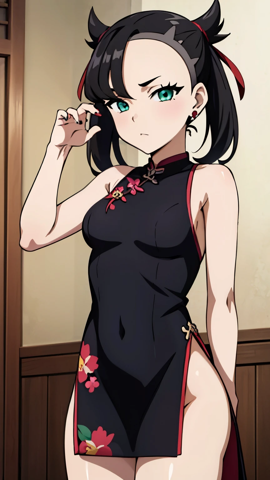 Marnie Pokemon, Marnie \(Pokemon\), blue-green eyes, green eyes, black hair, medium hair, asymmetrical bangs, black choker, red hair ribbon, earrings, black nail polish, (small medium breast:1.2), (masterpiece, highest quality, highly detailed, 8k:1.2), Perfect eyes, detailed eyes, anime style, anime girl, digital anime art, anime style, official artwork, visual novel CG, beautiful anime girl, anime style 4K, (flower pattern chinese dress, exposed shoulders), (sexy pose:1.2), (cowboy shot:1.2),