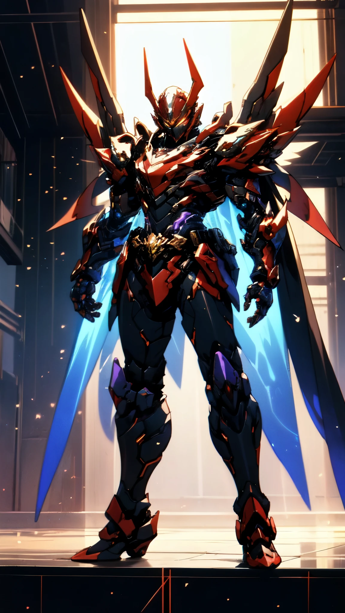 (masterpiece:1.5, best quality:1.5, extremely delicate:1.5), ((male:1.5)), a man wearing a full-face helmet, high-tech biomimetic armored combat suit, (a composite layered chest armor), the design balances heavy with agility, fully enclosed shoulder guards, matching arm and leg guards, a belt of gemstone, (the color scheme is primarily Red with Purple and Yellow accents, Organic Biotech, Concept Inspired by Vampire, glowing eyes, armor glows, huge cloak like devil wings, blood), stand of a futuristic sci-fi city, this character embodies a finely crafted fantasy-style armored hero in anime style, exquisite and mature art style, metallic, high definition, highres, ultra-detailed, ultra-fine painting, professional, perfect body proportions, golden ratio, anatomically correct, symmetrical face, extremely detailed eyes and face, high quality eyes, creativity, RAW photo, UHD, 32k, Natural light, cinematic lighting, (masterpiece-anatomy-perfect:1.2)