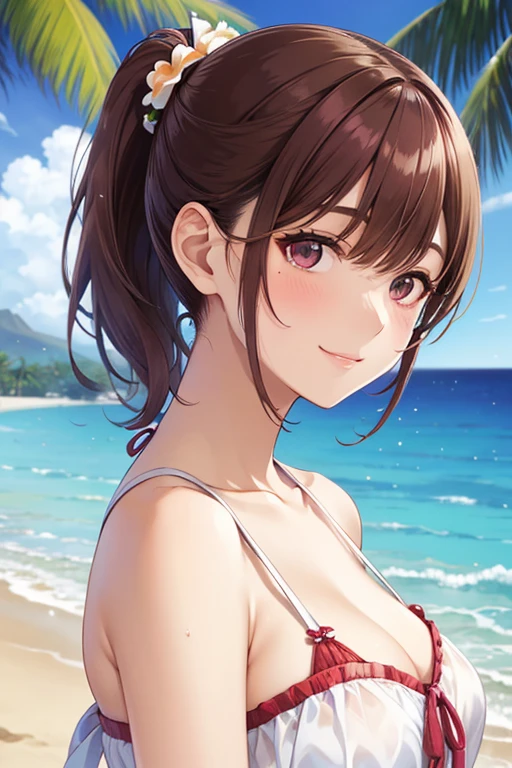 (((masterpiece: 1.5, Highest quality, High resolution: 1.3, Super Resolution, Very detailed, Super detailed:1.3, Rich background:1.2))), ((Face close-up)), One girl, alone, Hazel Eyes, Long brown wavy hair, Pink Bikini, Pink Panties, ((Raise one hand)), (Underarm), (Sweat), (Outdoor), ((Ocean: 1.2)), ((Beach)), scenery, (evening),  ((Dynamic Light: 1.4))