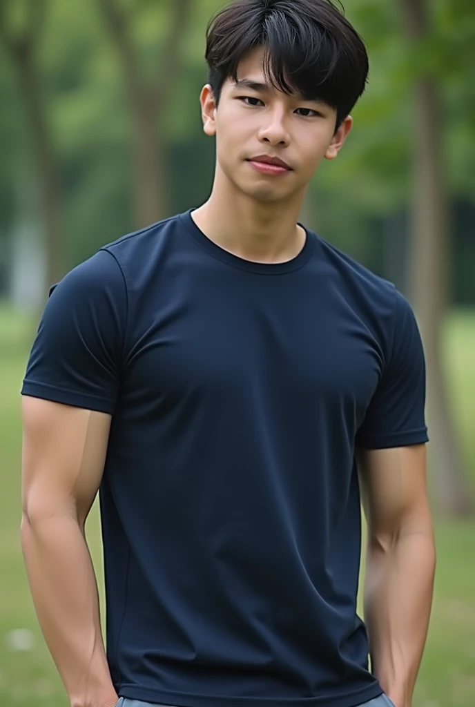 (Create a masterpiece: 1.2),(CGI art:1.3),(realistic:1.5),(After processing:1.3), (Sharp focus:1.3), 1 man, open mouth, smile, (Navy blue round neck shirt), Navy cargo pants, Korean guy , korean men, (High gloss details), chest muscles, large arm muscles, blood vessel, Big muscles, Broad shoulders, looking at the audience, Balancing the eyes, Seaside, beach, sunlight, running towards the camera