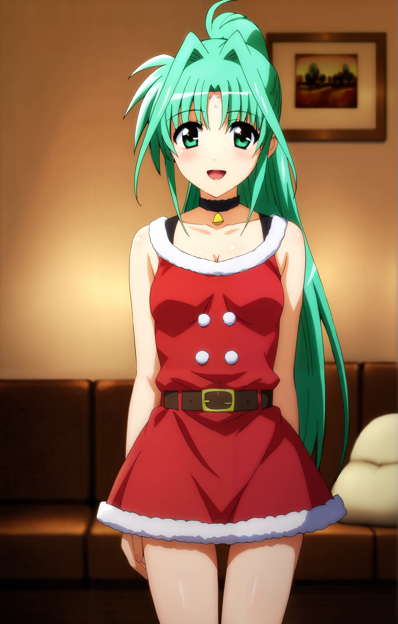Score_9, Score_8_up, Score_7_up, source_anime BREAK 1girl, looking at viewer, cowboy photo,
natsumikyouno, natsumi kyouno, long hair, very long hair, green hair, aquamarine hair, green eyes, playboy bunny, green leotard, green pantyhose, loose neck, fake animal ears, elbow-length gloves, white gloves, , curves, smile , thighs, naughty face, blush, lips, standing, hair adjustment, teeth, indoors, stage, casino, stage lights,