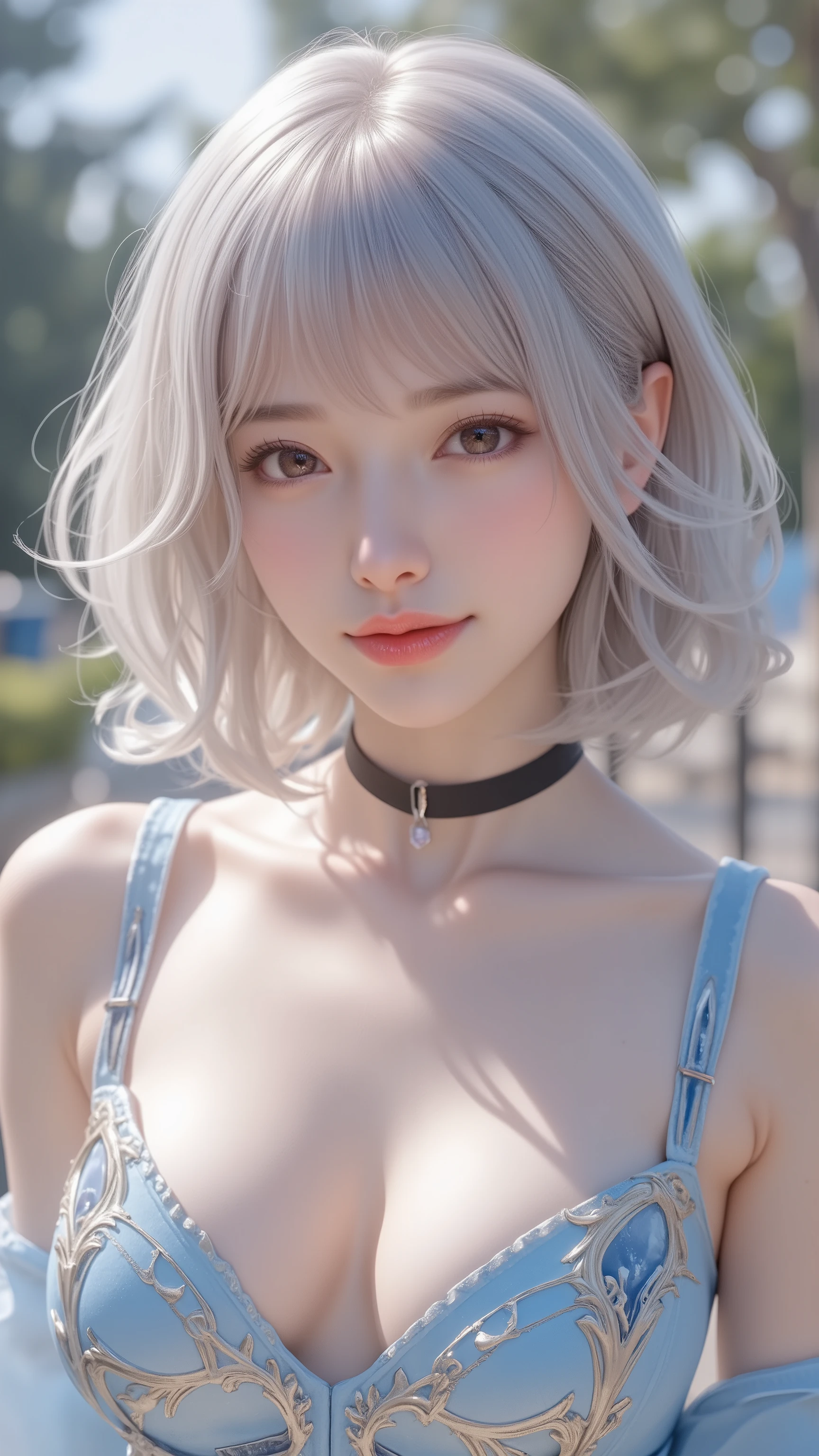 ( thin eyebrows)、((((( closed mouth )))))、((Super Strong Sunlight ))、((((Beautiful silver hair))))、(( has a small head))、(Beautiful silver hair with short wavy:1.2)、 full body shot、(((8k,  Original photo)))、 (((Her face is cosplayer Enako ))),(Shot from above in highly detailed 8k)、( is extremely delicate and beautiful)、(​masterpiece)、( top quality:1.0)、(超A high definition :1.0)、Realistic shadows、[ high definition ]、  detailed skin、 ultra-detailed、(Beautiful Hair)、 photorealistic、 Vivid Face、 big chest thin waist、Realistic eyes、 small eyes 、 staring at camera、(((Between the breasts)))、( eyeliner )、(mascara)、 Pink lips、(( very happy smile ))、Show your shoulders、 Intricate patterns and transparent materials 、  artistic depiction of an enchanting woman  , Accentuate your attractive silhouette。The scene is、Basking in the hot sun、  Makes You Feel the Subtle Beauty and Charm of Nature 。((( intricate details))、Advanced Details、 choker、nsfw,(( top quality、8k、​masterpiece:1.3))、 sharp focus:1.2、 (((  Enameled Ultramarine and Silver Corset )))、(Shine)