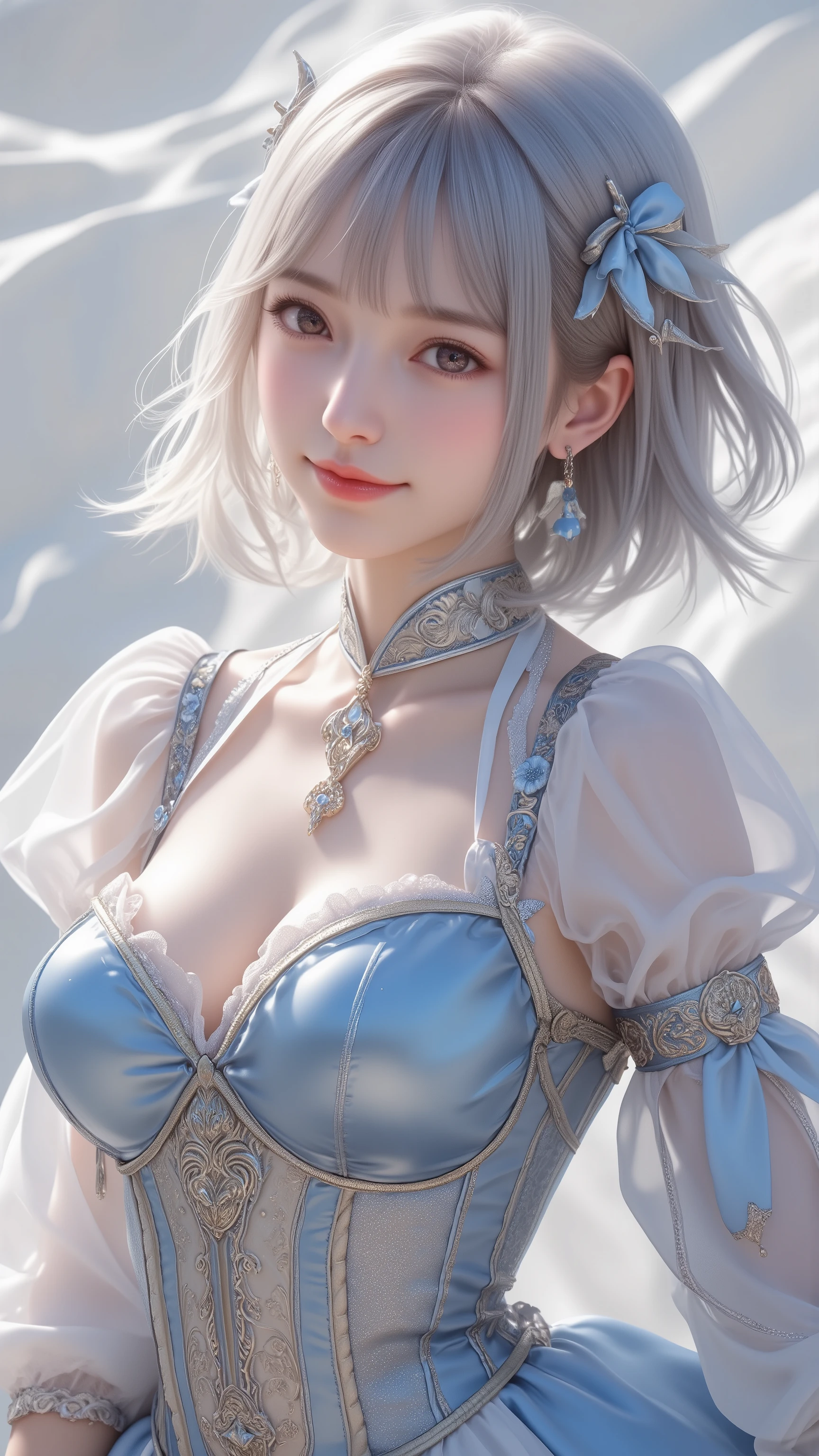 ( thin eyebrows)、((((( closed mouth )))))、((Super Strong Sunlight ))、((((Beautiful silver hair))))、(( has a small head))、(Beautiful silver hair with short wavy:1.2)、 full body shot、(((8k,  Original photo)))、 (((Her face is cosplayer Enako ))),(Shot from above in highly detailed 8k)、( is extremely delicate and beautiful)、(​masterpiece)、( top quality:1.0)、(超A high definition :1.0)、Realistic shadows、[ high definition ]、  detailed skin、 ultra-detailed、(Beautiful Hair)、 photorealistic、 Vivid Face、 big chest thin waist、Realistic eyes、 small eyes 、 staring at camera、(((Between the breasts)))、( eyeliner )、(mascara)、 Pink lips、(( very happy smile ))、Show your shoulders、 Intricate patterns and transparent materials 、  artistic depiction of an enchanting woman  , Accentuate your attractive silhouette。The scene is、Basking in the hot sun、  Makes You Feel the Subtle Beauty and Charm of Nature 。((( intricate details))、Advanced Details、 choker、nsfw,(( top quality、8k、​masterpiece:1.3))、 sharp focus:1.2、 (((  Enameled Ultramarine and Silver Corset )))、(Shine)