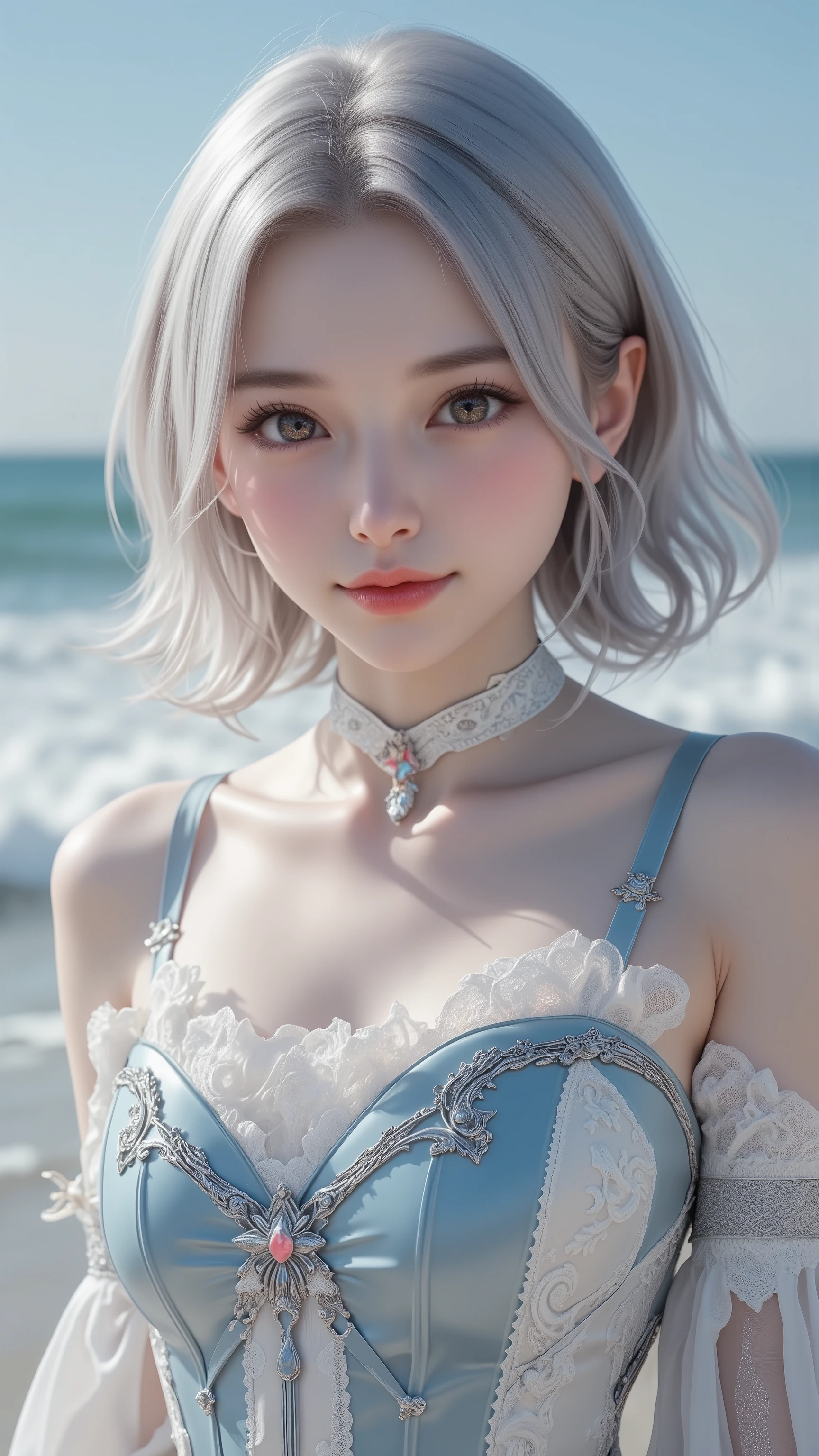 ( thin eyebrows)、((((( closed mouth )))))、((Super Strong Sunlight ))、((((Beautiful silver hair))))、(( has a small head))、(Beautiful silver hair with short wavy:1.2)、 full body shot、(((8k,  Original photo)))、 (((Her face is cosplayer Enako ))),(Shot from above in highly detailed 8k)、( is extremely delicate and beautiful)、(​masterpiece)、( top quality:1.0)、(超A high definition :1.0)、Realistic shadows、[ high definition ]、  detailed skin、 ultra-detailed、(Beautiful Hair)、 photorealistic、 Vivid Face、 big chest thin waist、Realistic eyes、 small eyes 、 staring at camera、(((Between the breasts)))、( eyeliner )、(mascara)、 Pink lips、(( very happy smile ))、Show your shoulders、 Intricate patterns and transparent materials 、  artistic depiction of an enchanting woman  , Accentuate your attractive silhouette。The scene is、Basking in the hot sun、  Makes You Feel the Subtle Beauty and Charm of Nature 。((( intricate details))、Advanced Details、 choker、nsfw,(( top quality、8k、​masterpiece:1.3))、 sharp focus:1.2、 (((  Enameled Ultramarine and Silver Corset )))、(Shine)