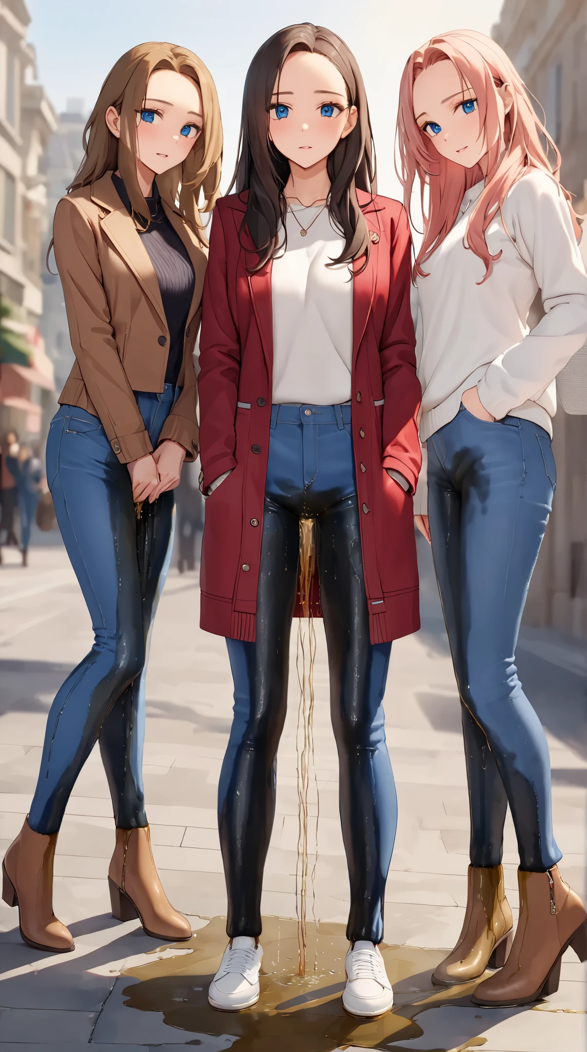 3 youthful females with dazzling eyes and lovely long hair with perfect body:1.1 and medium breast are standing and (wetting themself:1.5). They are wearing a blue jeans and casual outfit. Outdoor setting in winter. Fashion photography. Looking at viewer in relief. (Best quality. Masterpiece:1.3. 16K. Detailed. Ultra high resolution). Soft natural lighting. Highly detailed face and skin texture. Detailed eyes. (Deep focus. Full body picture:1.5). Forehead.