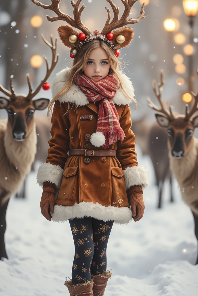 Playful reindeer-themed Christmas outfit | brown velvet mini dress | white furry accents | antler headband with red and gold ornaments | black tights with snowflake patterns | cozy reindeer-print scarf | warm brown ankle boots | snowy landscape with reindeer in the background | soft, warm lighting.