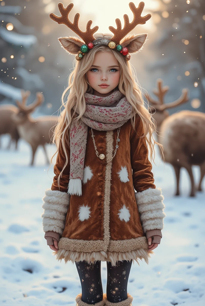 Playful reindeer-themed Christmas outfit | brown velvet mini dress | white furry accents | antler headband with red and gold ornaments | black tights with snowflake patterns | cozy reindeer-print scarf | warm brown ankle boots | snowy landscape with reindeer in the background | soft, warm lighting.