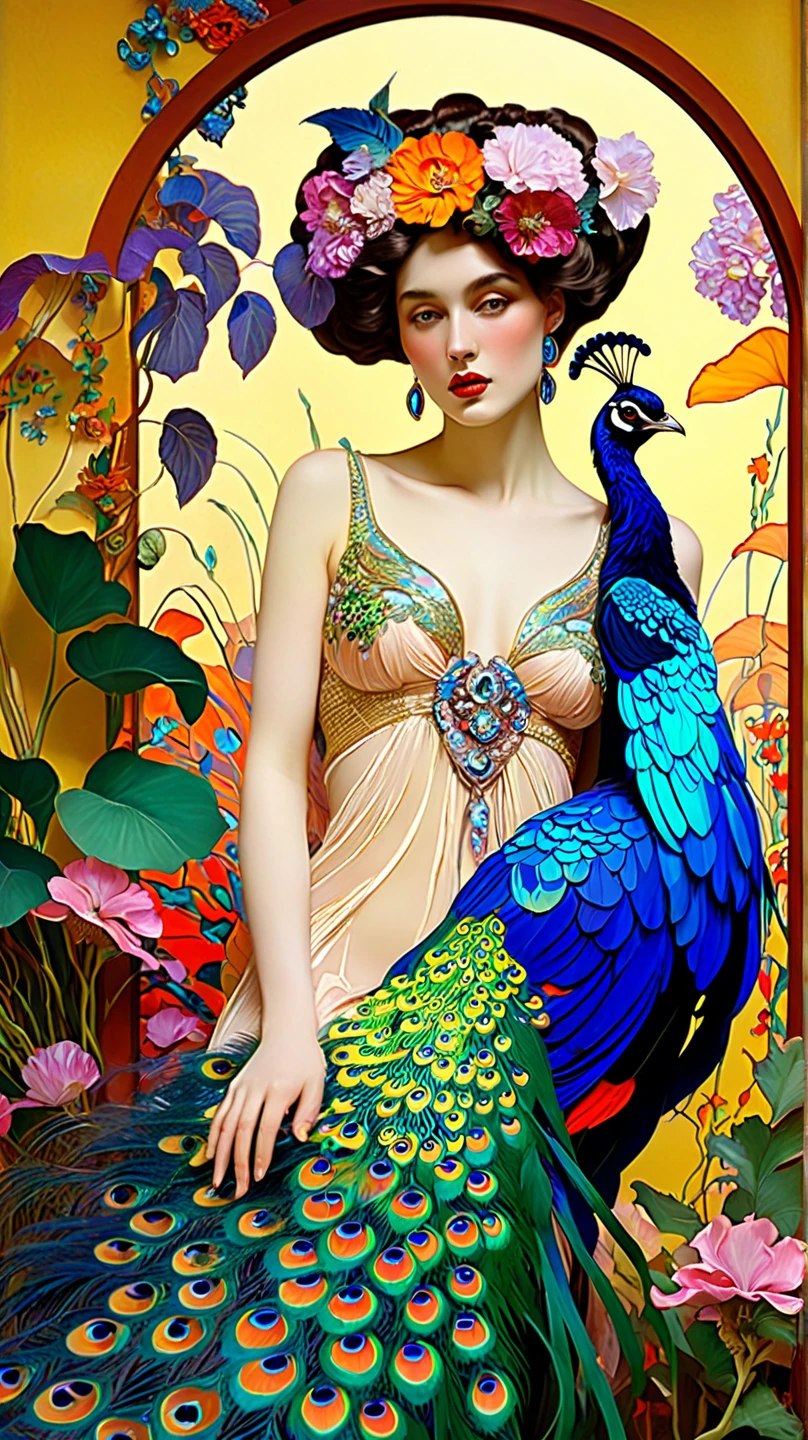 breathtaking Jugendstil scene, Leon Bakst inspired,hot, sexy, nude, sensual, erotic, sexually, curvy, delicious body, dreamy fantasy paradise, vibrant, serialist colorful patterns, Art Nouveau style, lush tropical garden, sprawling florals, peacocks, elegant feminine figures, flowing silk fabrics, glittering jewels, ornate architectural details, exotic birds, realistic high details, impressionist brushstrokes, Gustav Klimt and Alfons Mucha influences