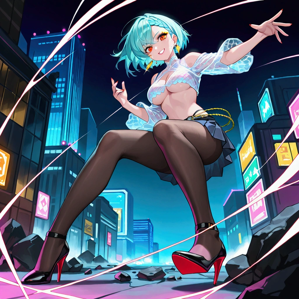 1girl, blue hair, large breasts, bunny ears, rabbit ears, wide hips, bodysuit, black bodysuit, shoes, sneakers, short hair, very short hair, science-fiction, tech, futuristic, machinery, full body, ((full body)), smile, light smile
