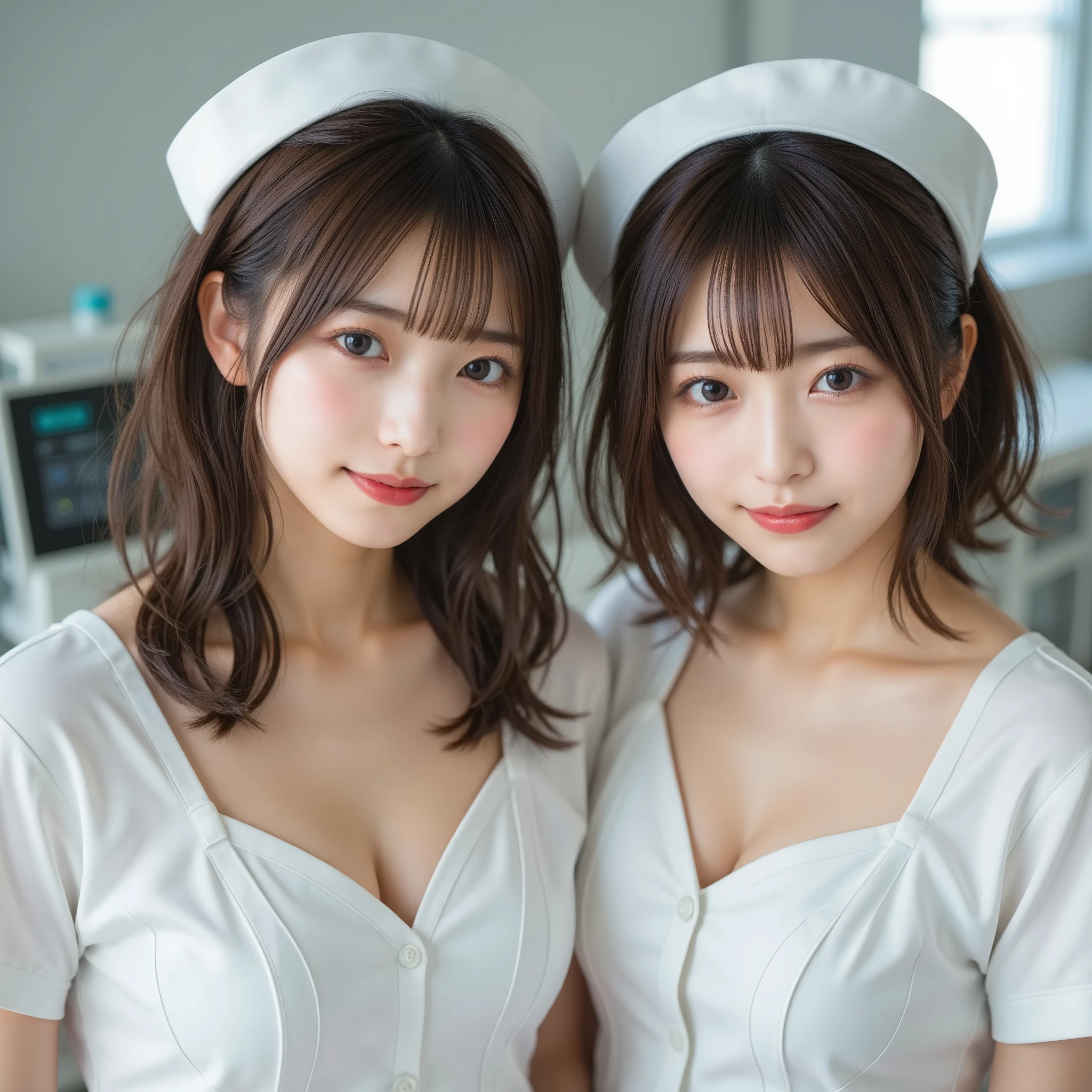 『Picture of two girls :1.3』『 REAL PHOTO:1.3』 top quality:1.2、(( Big Breasts ))、 cleavageが少し見える、(( young woman))、(( has red cheeks))(( I'm showing my teeth and laughing 1 :3))、((( anatomically correct、 perfect anatomy 、 anatomically correct指)))、 innocent 25 year old girl ， giant :1.2, cleavage:1.2、 ( white nurse uniform:1.5),(  white short n nurse clothes :1.5),(White nurse hat:1.5),( the chest is visible :1.5), angle:1.2、The background is a hospital room.(((２People have different hairstyles )))、 laughs, shortcut、 RAW photo, (8k、 top quality、  masterpiece on penis :1.2)、( complex details:1.4)、( realistic :1.4)、 Octane Rendering 、 complex 3d rendering super detailed,  studio soft light, Rim Light, vivid details ,  Super Details ,  realistic  skin texture, detail face, beautiful eye for detail, High-definition CG Unity 16k wallpaper, assembly, ( detailed background:1.2),  growing skin, whole body、 sunset shining in 