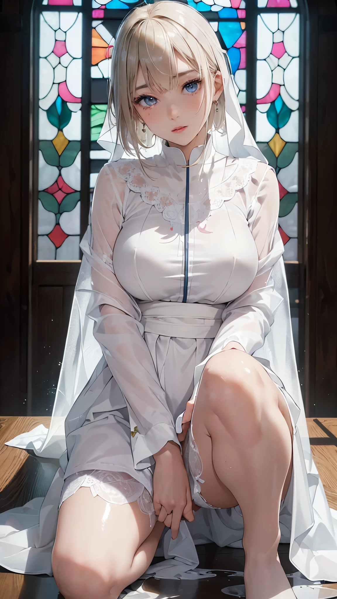 asuna, chef-d'artwork, Best quality, detailed, (1fille), Seulement, detailed golden eyes, cheveux longs, debout, proche du spectateur, (detailed kimono), Light smile, seins moyens, (arm behind the back), eau, coucher de soleil, (ornement de cheveux), ), snowy mountain lake in the background