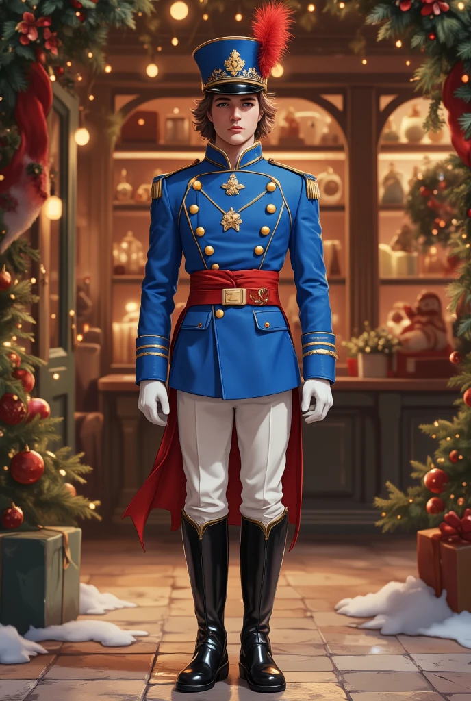 A Nutcracker soldier-inspired Christmas outfit | royal blue jacket with golden buttons | white trousers | knee-high black boots | red sash tied around the waist | matching toy soldier hat | white gloves | festive toy shop backdrop | warm yellow lighting with subtle holiday sparkle.