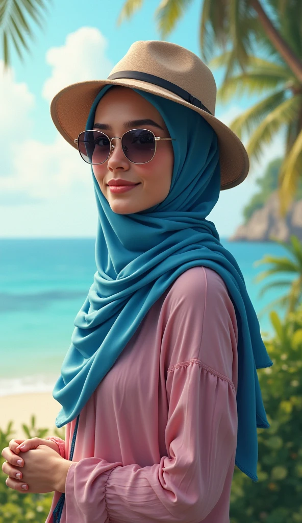 cinematic film still of  Cinematic Film stock footage in (arri alexa style) Kodak film print,  <lora:Hijab:1> a woman wearing a pink hijab and a pink bikini and sunglasses walking on beach Hijab style, shallow depth of field, vignette, highly detailed, high budget, bokeh, cinemascope, moody, epic, gorgeous, film grain, grainy
