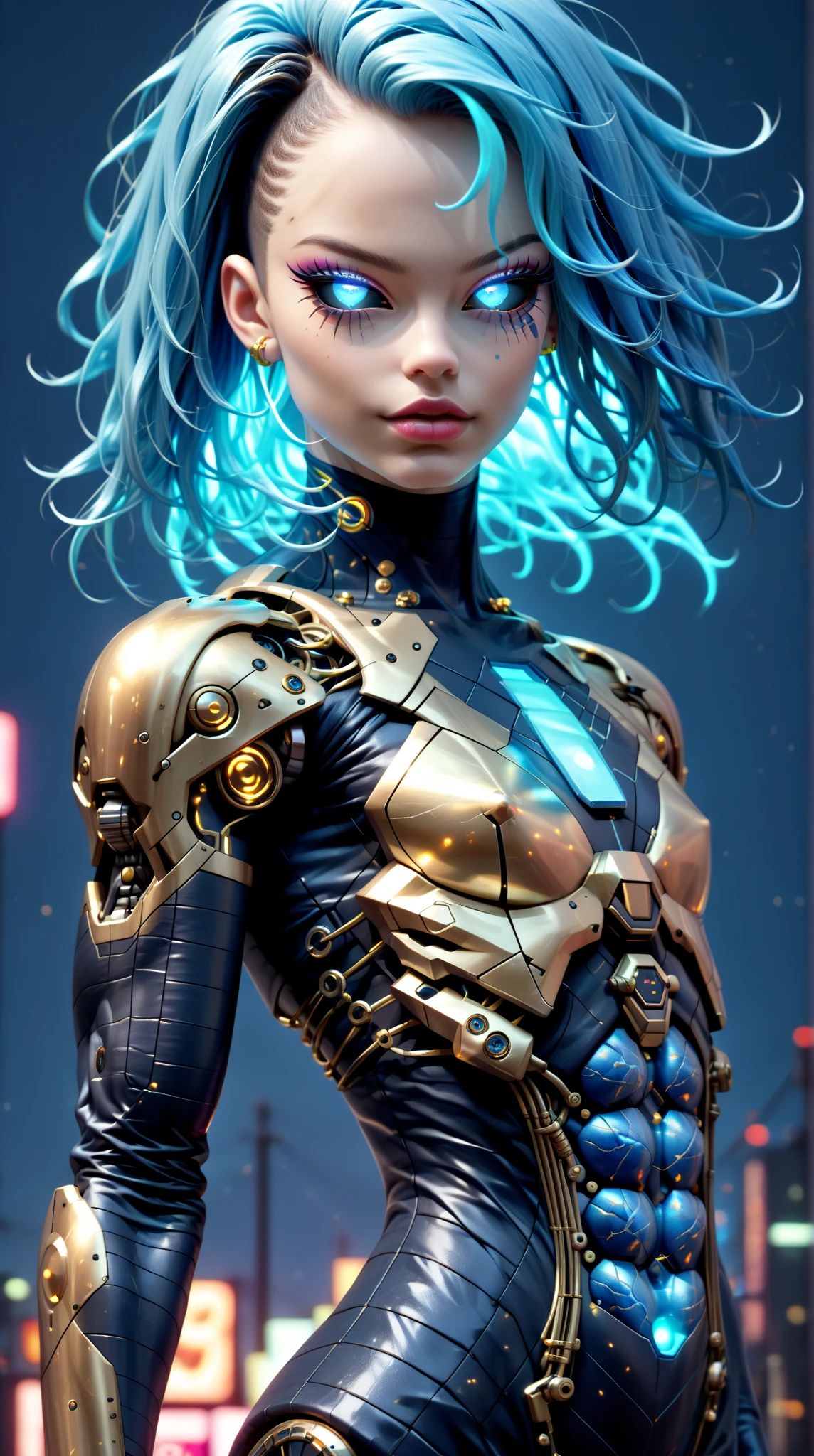 score_9, score_8_up, score_7_up, (three quarters Shot), (1 girl), (asian), beautiful teenage (skinny) muscular goth cyborg girl, (full Cybernetic bodysuit:1.5), (black sclera:1.5), (blue glowing eyes:1.5), (blue glowing body veins:1.5), (flat chest:1.25), (blue glowing hair:1.25), (beautiful face:1.25), (bodybuilder muscular physique:1.5), (lightening emanating from skin:1.25), (intricate gold filigree:1.25), bimbo lips, cowboy shot, cybernetic, mechanoid body parts, exposed cables and circuits, neon lights, gothic neon style, cyber punk style, super realistic image, beautiful digital paint , hyper Realistic illustrations, DonMM4ch1n3W0rldXL, CyberRealistic_Negative_PONY-neg,CyberRealistic_Negative_PONY