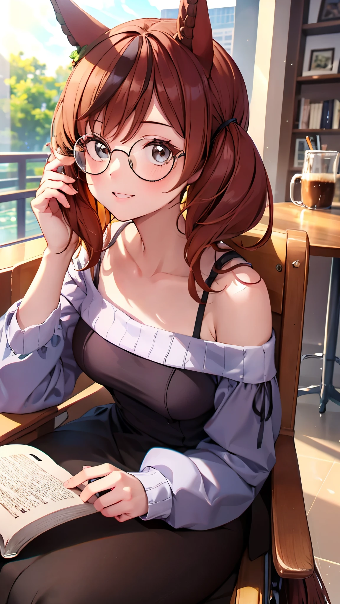 illustration style, masterpiece, high detail, 8k, clean lineart, cinematic, portrait,  
off-shoulder sweater, plain long skirt, circle-glasses, 
nicenature, horse ears, soft slanted eyes, 

(hair fully hides ears), mature face, medium breasts, 25 years old, looking up, glance at viewer, light smile, 
coffee lounge, reading a book, sitting on chair
