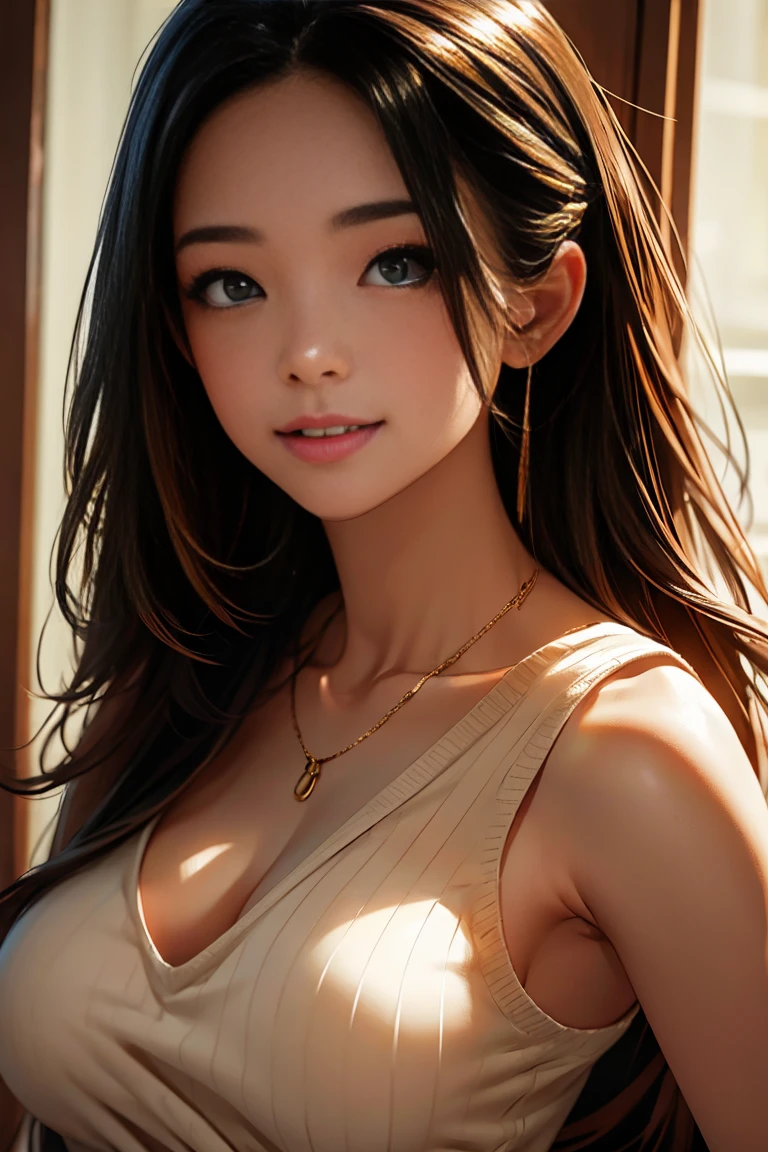 白い sleeveless sweaterを着た日本女性、 (((  masterpiece on penis ))), (( top quality)), (( complex details)), (((超 realistic )),  perfect anatomy , wacky solution,Woman standing at the end of opening the door ,  accurate real face ,  very detailed,  realistic , 1 beautiful woman, ((Tighten your chest and highlight big breasts)),   perfect hands , Finger detailing,   beautiful and delicate double eyelid eyes ,  long hair,  Brown Eyes ,( sleeveless sweater:1.2), White knit dress,  detailed background,,  perfect eyes, Captivating eyes,  watching the audience, Smile,small mole next to the eye 、 red lips,ring on the ring finger of the left hand, glossy black hair,Embarrassed laugh,Beautiful teeth alignment,Support your chest with both hands,Women's Soft Body Line , gold necklace ,