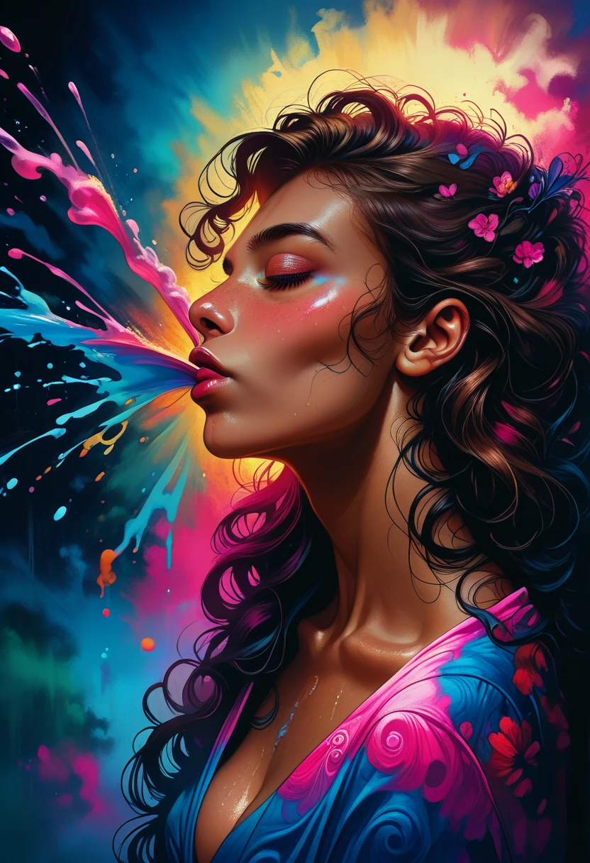 salpicos de cores，Paint splashing，Captivating psychedelic surreal neon amazing universe beautiful gorgeous women in a bright colorful neon light，Mark Reiden、daniel merriam、Bright neon colors in the style of Frank Frazetta and Boris Vallejo, 、photohyperrealistic, trippy,  ornate, beautiful, fine Detail, Intricate detail, Hyper detailed, oil painting, intricate colors,