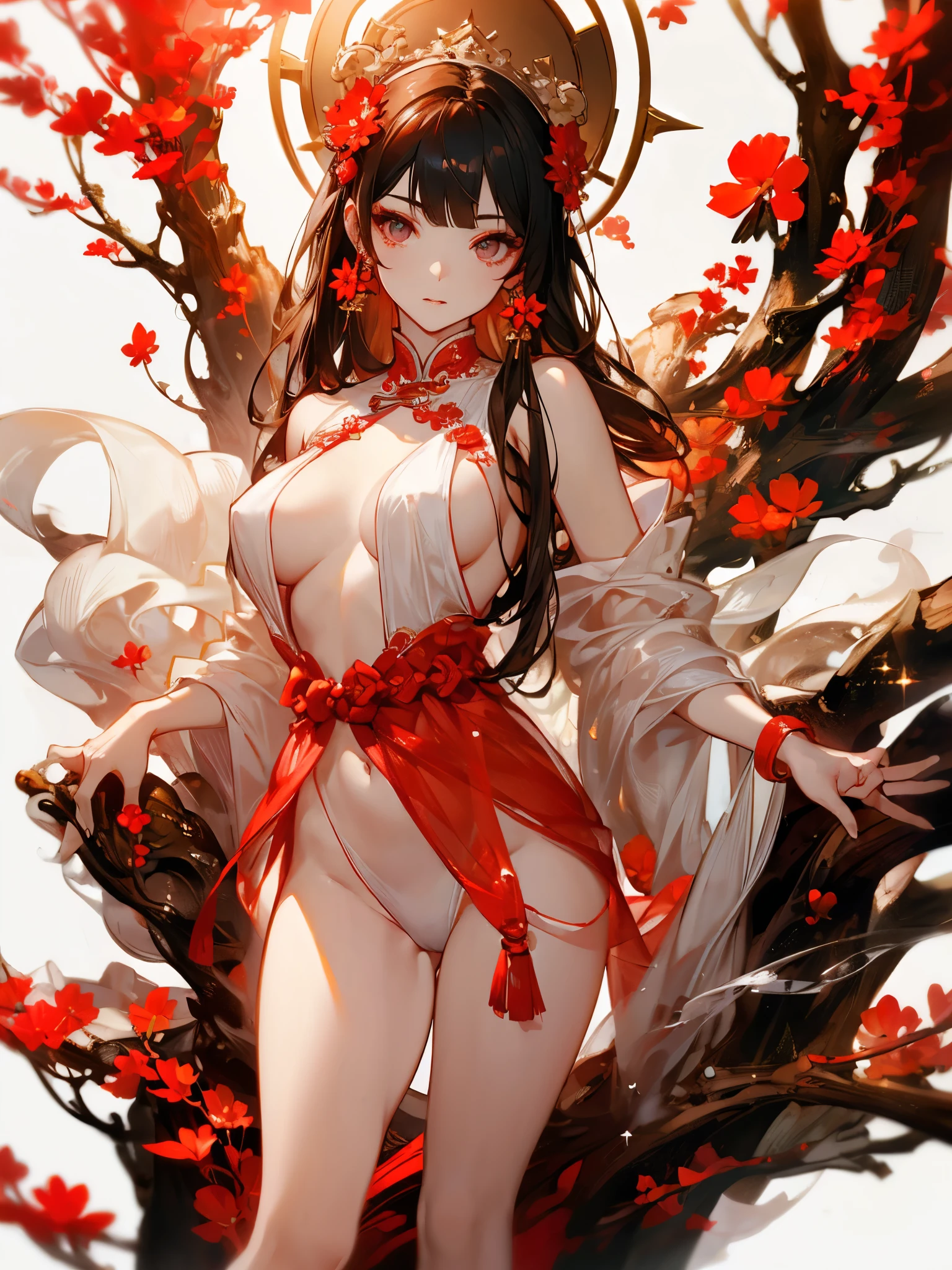 hu tao, teen, hu tao, illustration, fire-themed,[red color],beautiful detailed eyes,beautiful detailed lips,longeyelashes,playful smile,black hair flowing with the wind,[blush on cheeks], standing, light emitting from her hands, floating cherry blossoms, bright and warm lighting,(best quality,highres), (vivid colors,dynamic colorysterious atmosphere, creative composition, small breast, flat chest, nipples, areola nipples, armpit, perfect armpit, slim body, skinny body, slim and skinny body, her vagina is clearly visible, vagina, pubic hair, pornographic exposure, seductive standing pose, NSFW.