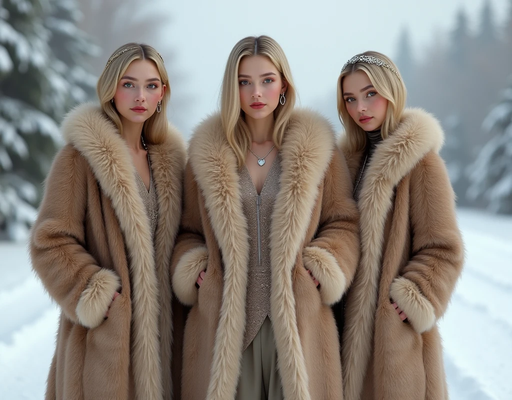 Luxurious furのコートを着たロシア人の乙女。 all wearing fur coats 。Russian women 。Blonde、winter、Luxurious fur、 Voluminous Fur 。3 people.