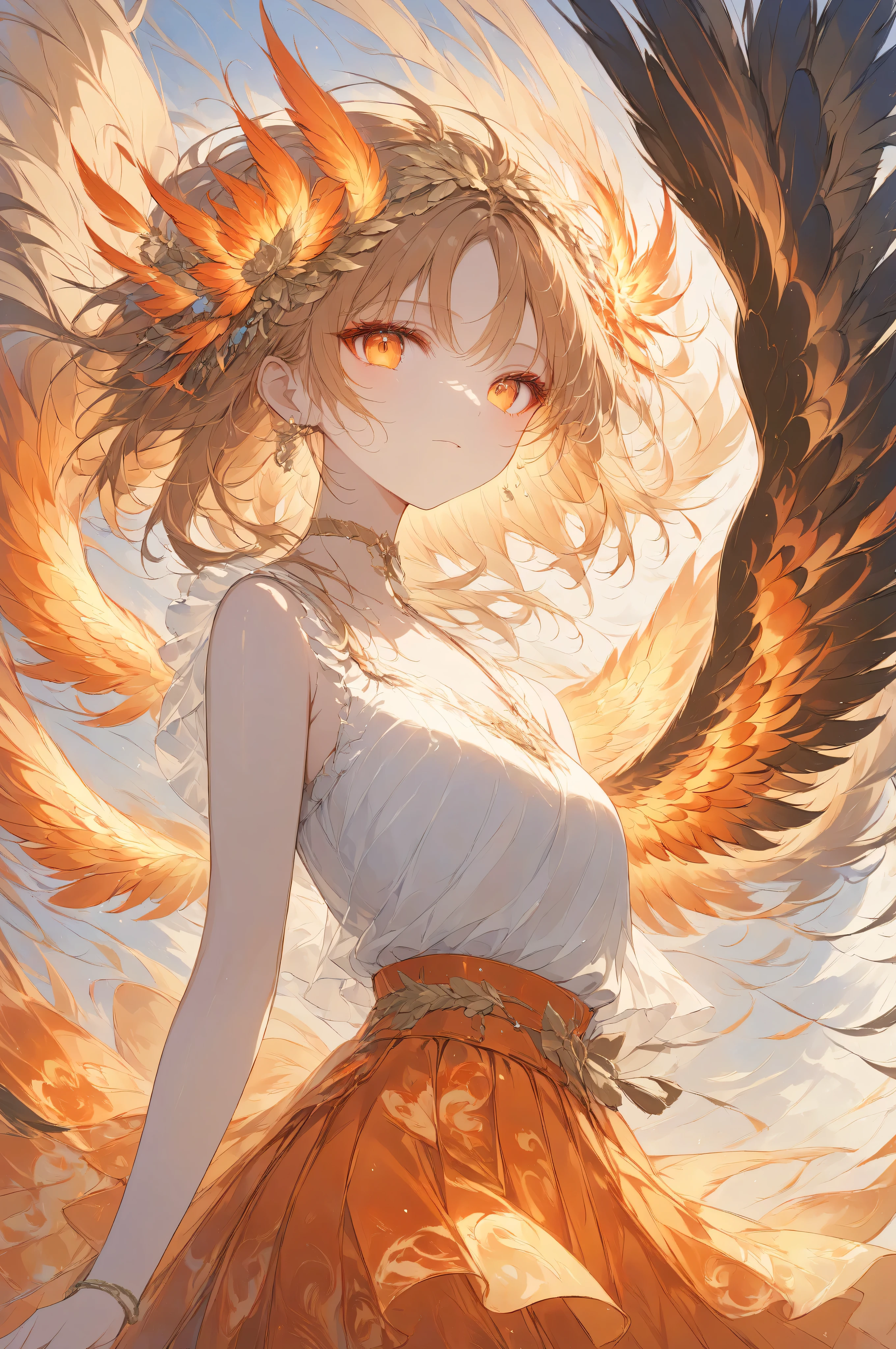 Masterpiece, high quality, high resolution, 16K, highly detailed background, digital painting, unreal engine, Makoto Shinkai illustration, hyperrealistic, fantasy, ite girl, A radiant phoenix with golden feathers, beautiful face, beautiful skin, long eyelashes, beautiful eyes, beautiful legs, full body, orange hair, messy hair, red tips, feather hairpiece, golden eyes, fair skin, flame pattern all over, tank top and skirt, white and orange based clothing, transparent material, choker, expressionless, fire magic, fire spirits, blazing flames, burning sunsets,